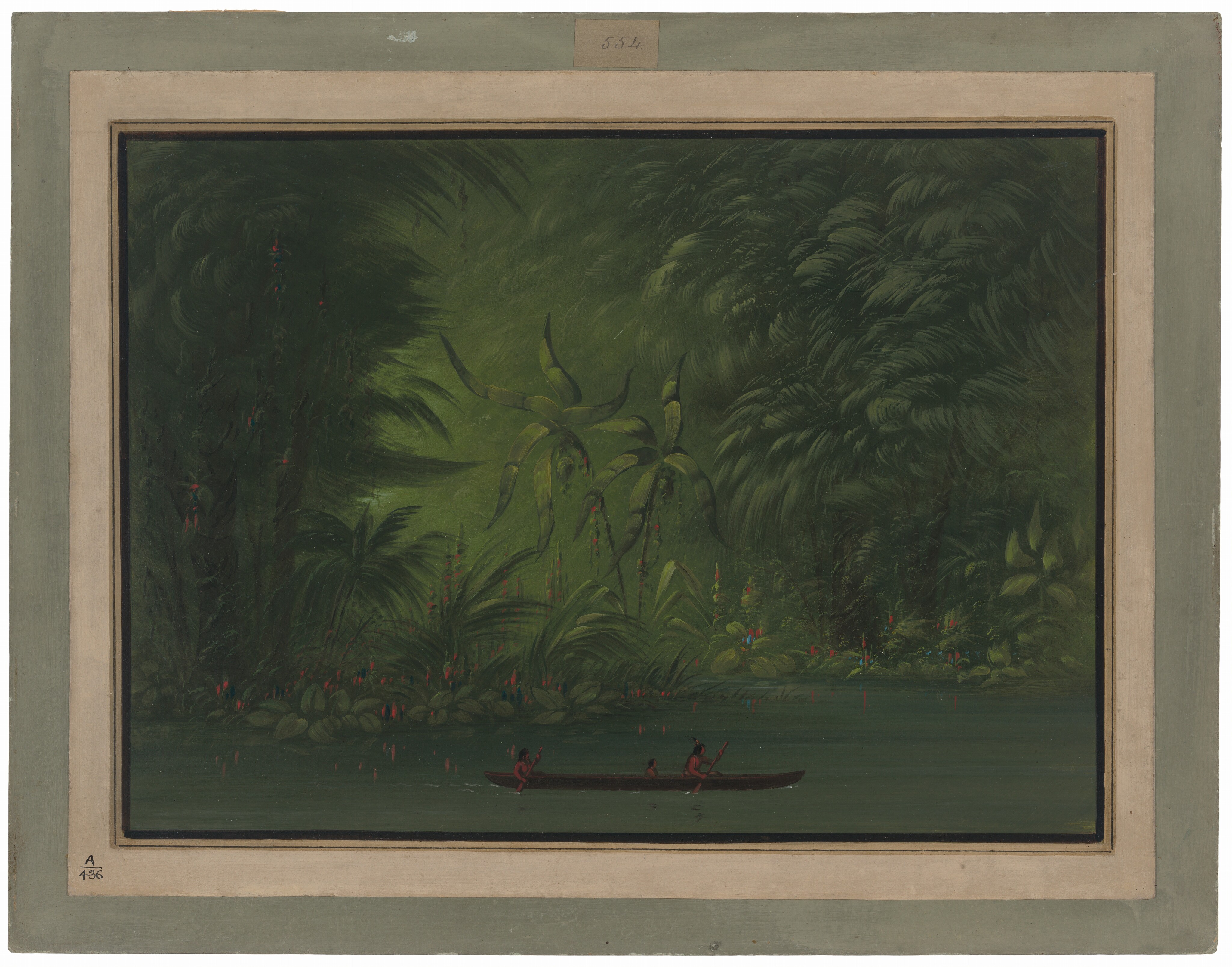 The painting shows a scene with dense jungle vegetation viewed from a riverbank. The horizon is low, defined by the water meeting the greenery. The vegetation is depicted with intricate brushwork, portraying a tropical environment with a green color palette. A canoe with two figures is seen on the water, while dense foliage adds depth in the background.