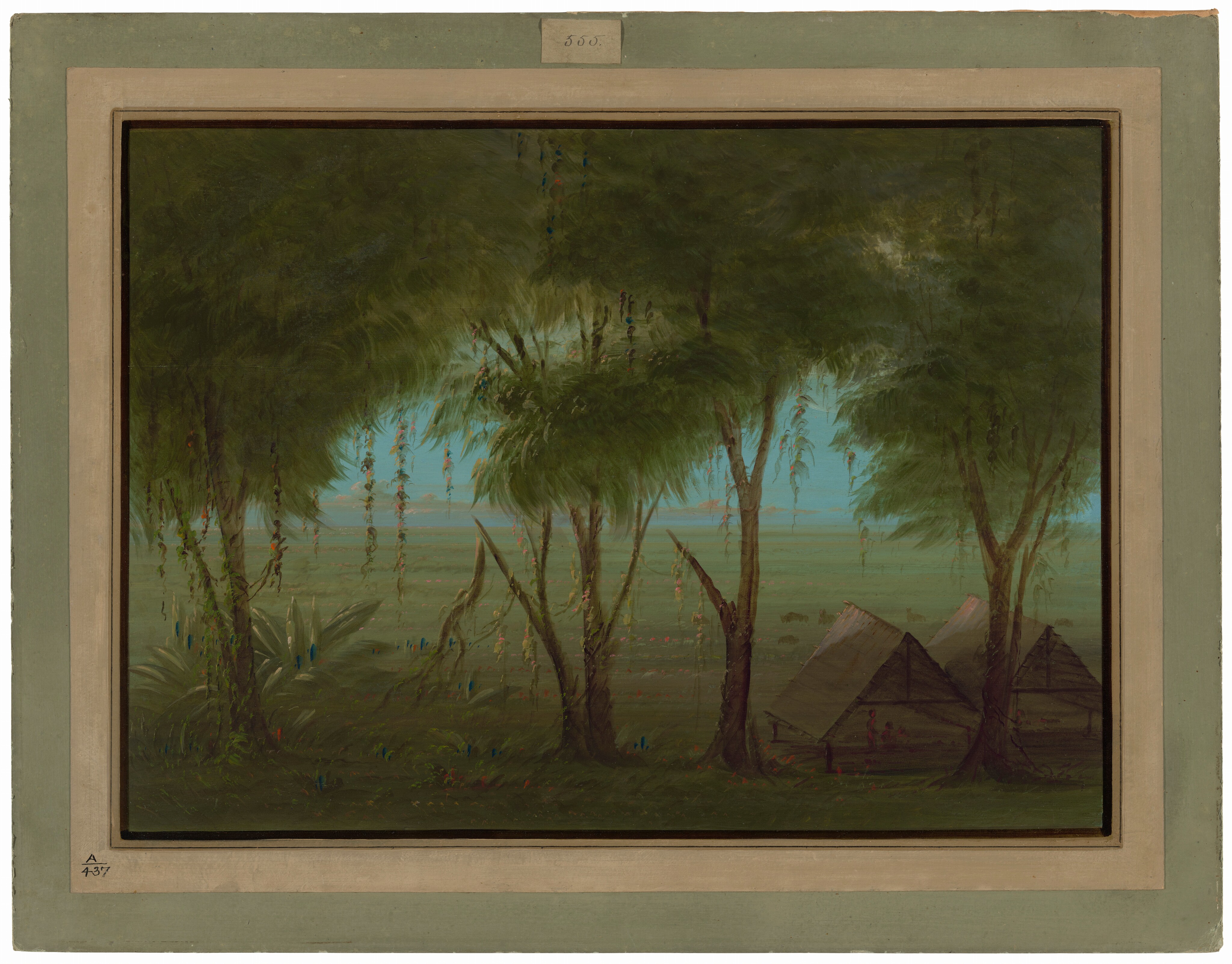 The painting features a view from a shaded, leafy area looking out towards an open landscape. Tall trees with cascading vines and dense foliage dominate the scene close to us. Beyond the trees, the horizon is set low and appears to be a blend of various shades of green and muted pastels. The brushstrokes used to depict the trees and foliage are soft and sweeping, creating a lush, textured effect. The color palette is rich in greens, with touches of earth tones in the structures on the right, and patches of soft blues in the sky just above the horizon.