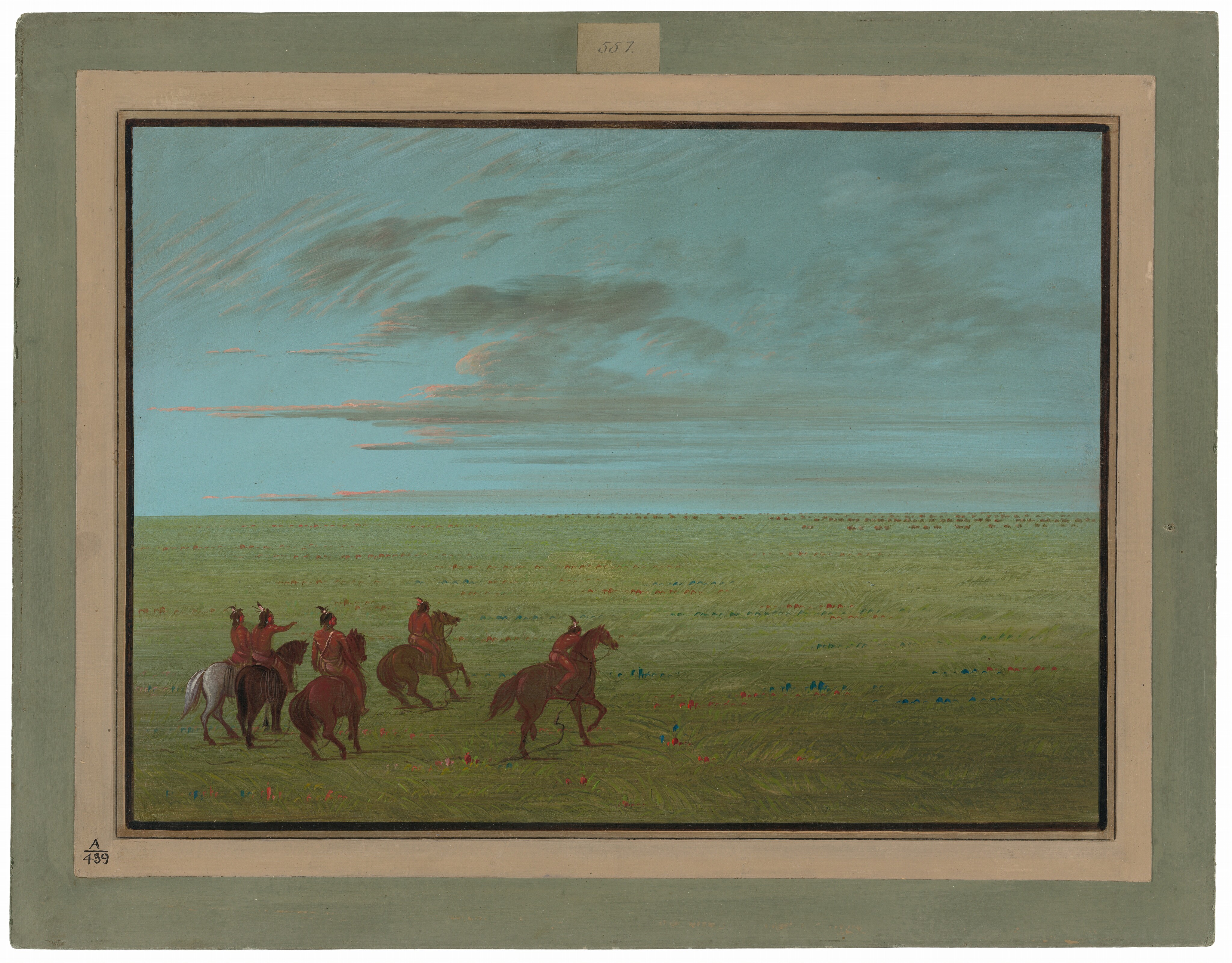 The image shows a grassland, with horsemen in red attire at the bottom left corner. The horizon is low, emphasizing the sky filled with clouds in shades of gray and pink against a blue background. The grassland extends into the distance with hints of red and blue patches. The color palette consists of earthy greens and blues.