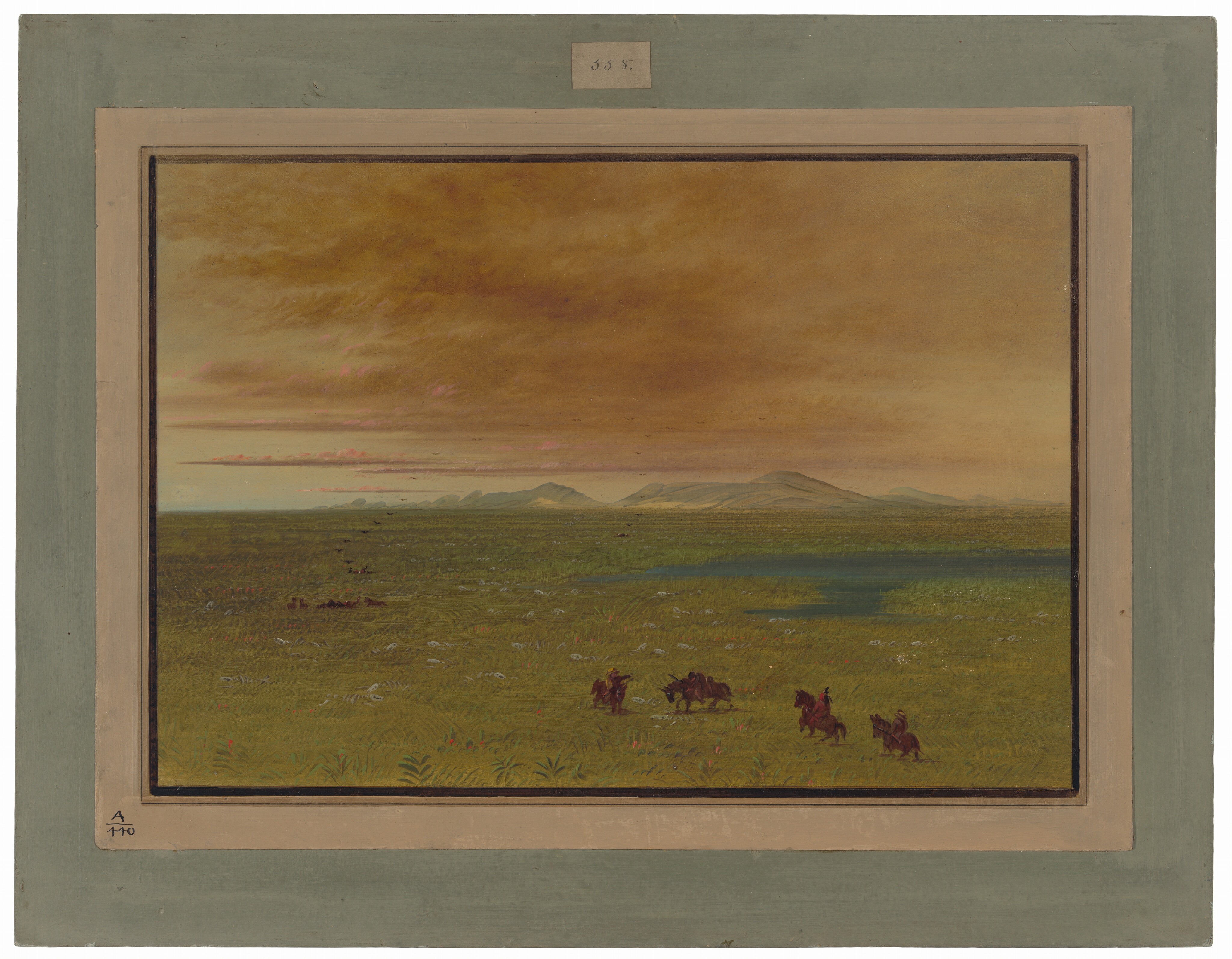 The painting features a landscape with a low horizon and a group of distant hills in the background. The sky above shows rich hues of oranges, yellows, pinks, and hints of blue. The brushstrokes create a smooth texture. Several figures on horseback are shown in the foreground on vast grassy plains. The color palette transitions from earthy greens to warm sky tones.