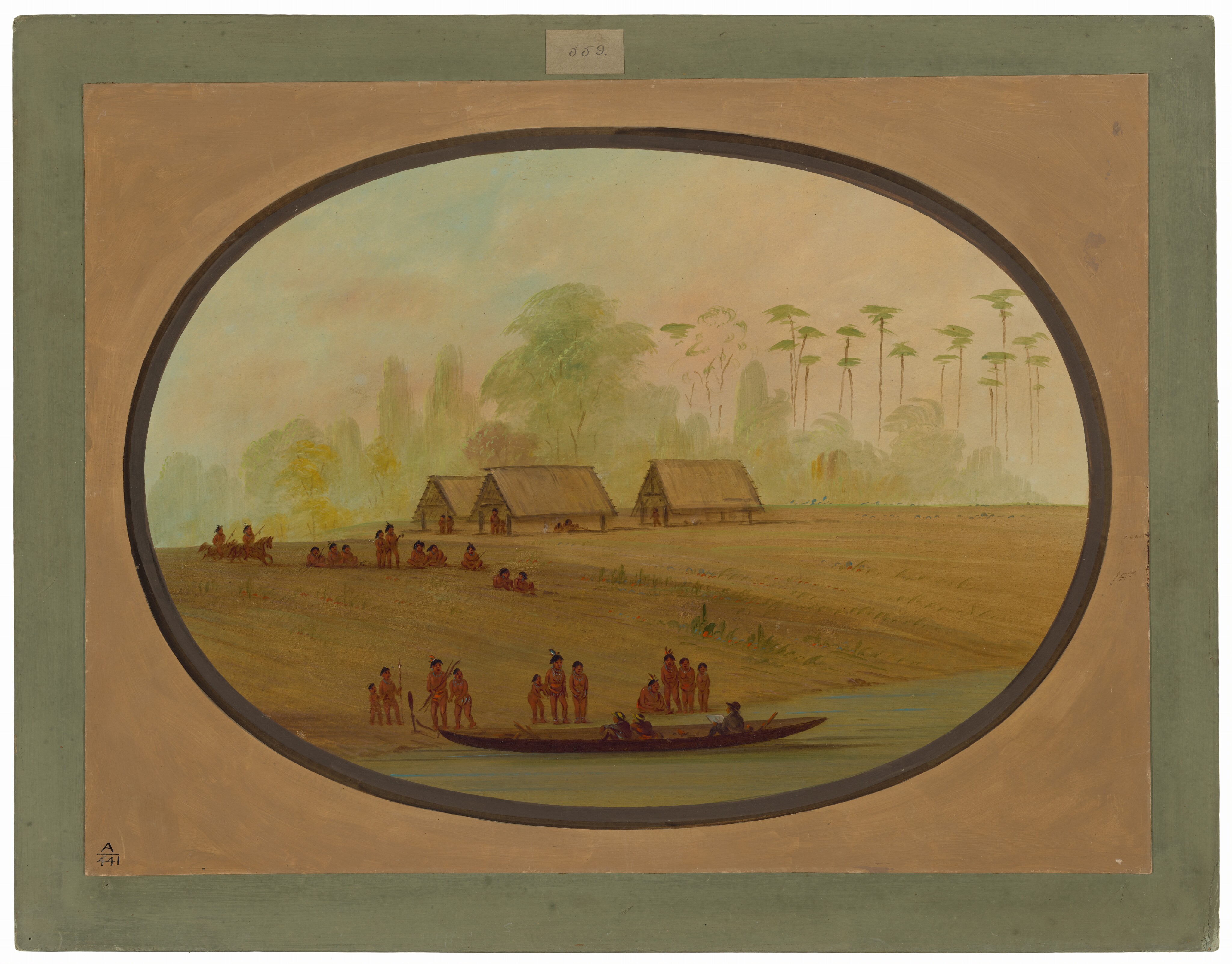 The painting depicts a serene village scene near a body of water with trees and thatched structures on the horizon. Small figures are dispersed throughout the landscape, with some people near a canoe on the water's edge and others gathered in the open ground. The color palette includes earthy browns, greens, and soft sky tones, creating a tranquil atmosphere.