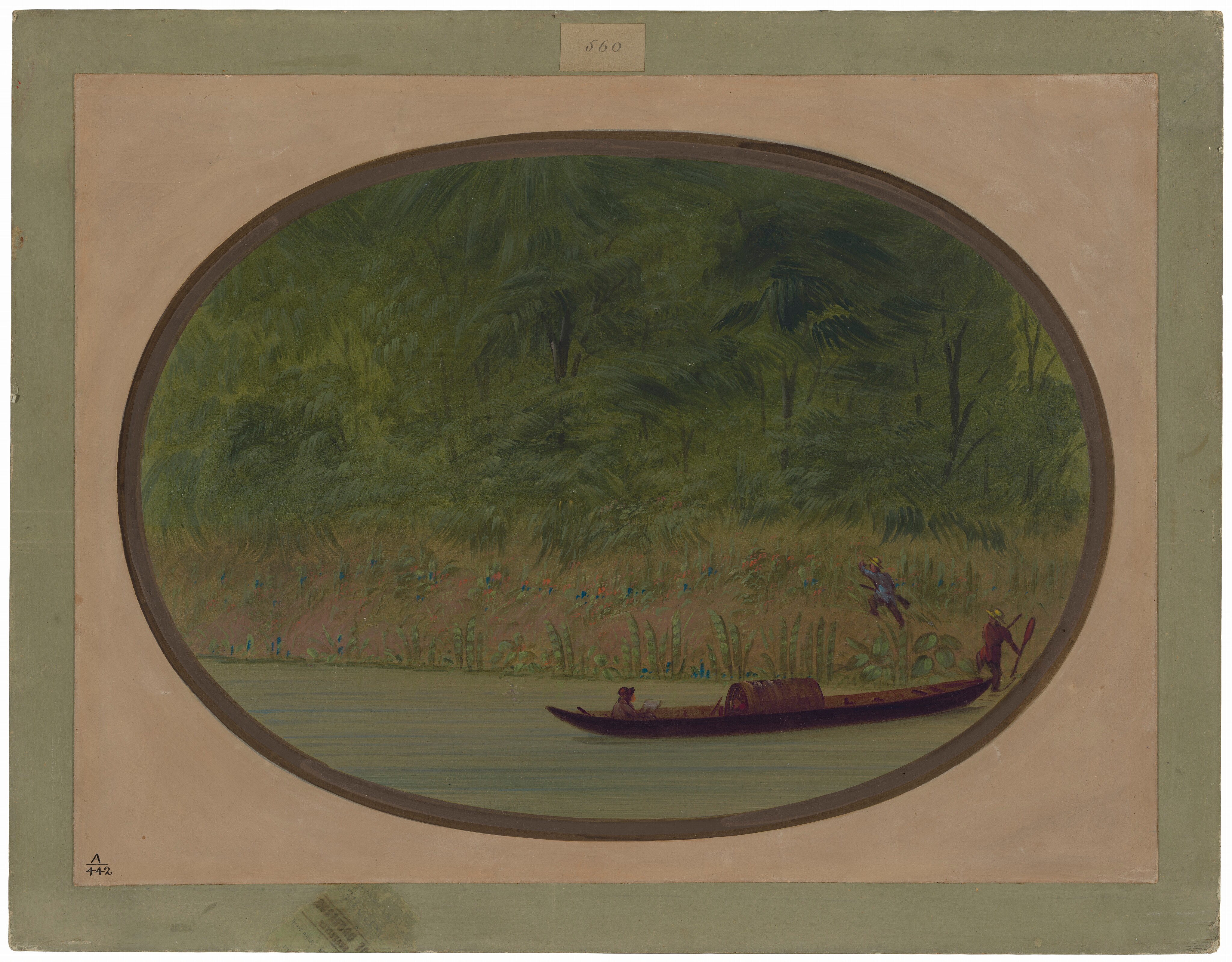 The image shows a scene looking out across a body of water. The horizon is formed where the river meets dense foliage. The brushstrokes in the painting are smooth and slightly impressionistic. The color palette is dominated by varying shades of green, with dashes of earthy brown and pale blue-gray. A narrow wooden boat with two figures is positioned on the calm river. The riverbank is rich with vegetation, extending into the background.