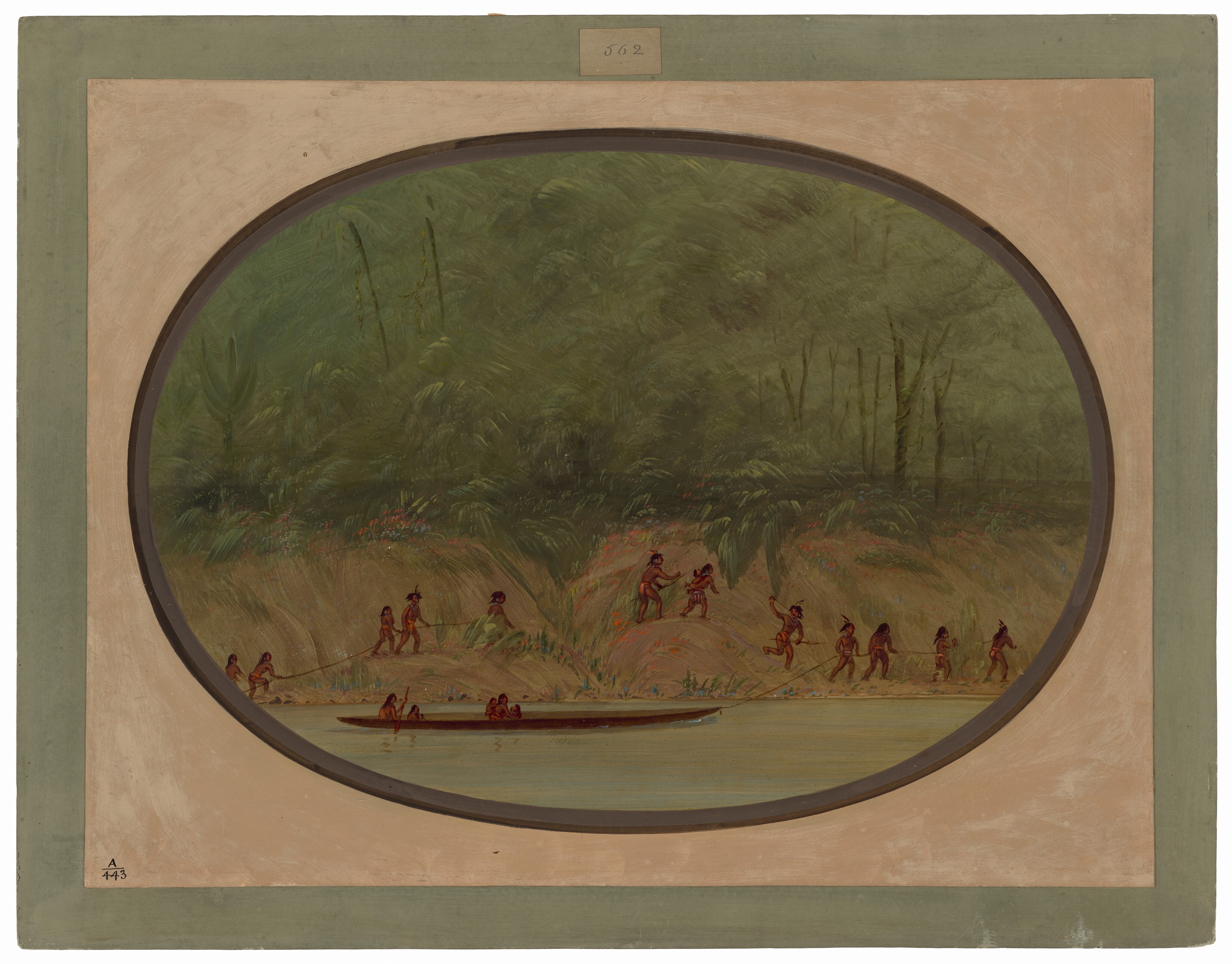 The image depicts a scene within an oval boundary. The horizon is slightly above the painting's center, obscured by tall trees and vegetation. The brushstrokes are soft, creating a textured look for the foliage. The color palette includes earthy tones dominated by greens, browns, and deep reds. In the foreground, there is a narrow canoe with figures inside, and on the riverbank, more figures are pulling something with a rope. The background shows a dense forest.