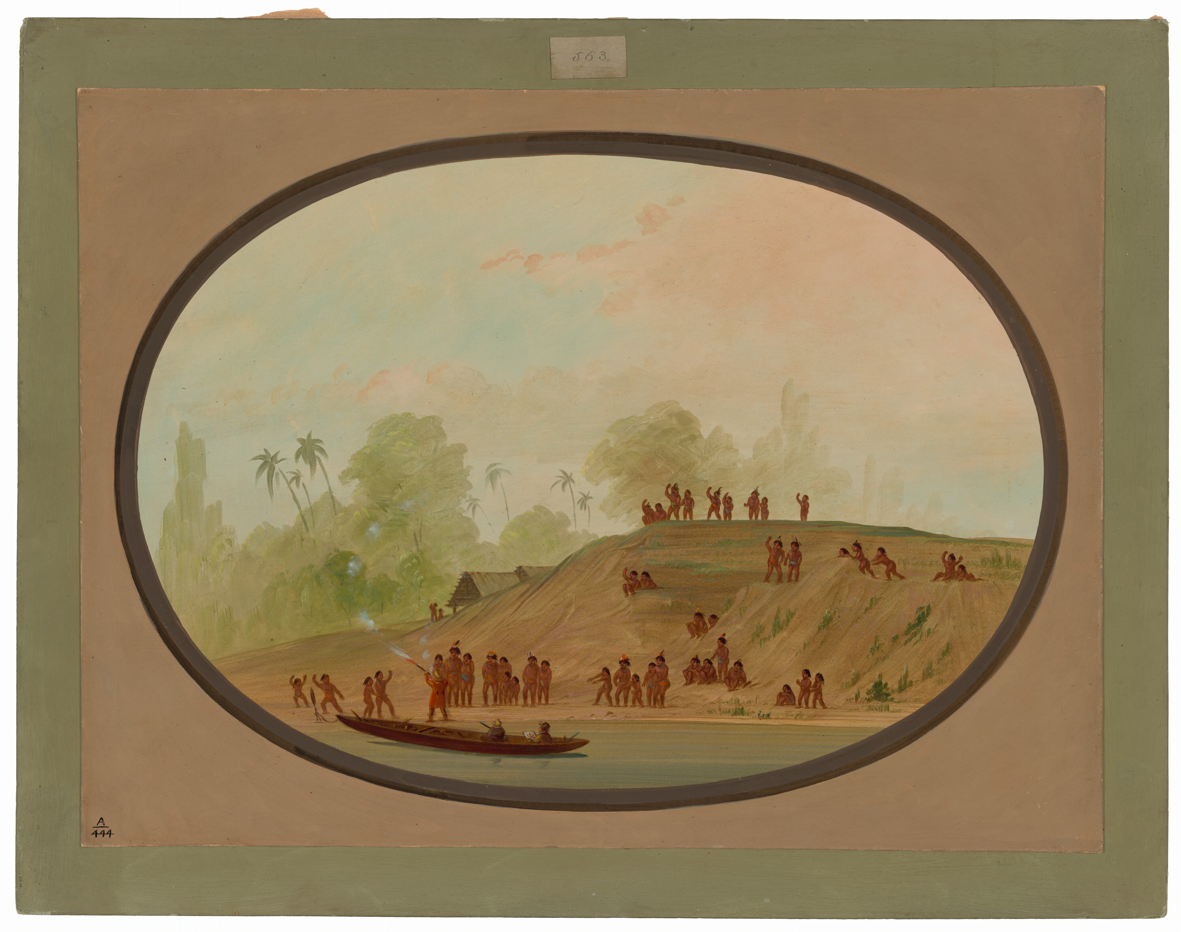 The image depicts a riverine landscape viewed from above. The horizon is high in the image, with the sky blending warm tones and the sun shining softly. The scene features a mix of pastel colors, including blues, pinks, and light greens. Groups of people gather on a hill near the river, interacting with each other. A canoe is seen on the riverbank with people onboard. The overall color scheme includes earthy tones blending harmoniously with the water. Palms and other trees populate the area, adding to the idyllic atmosphere.