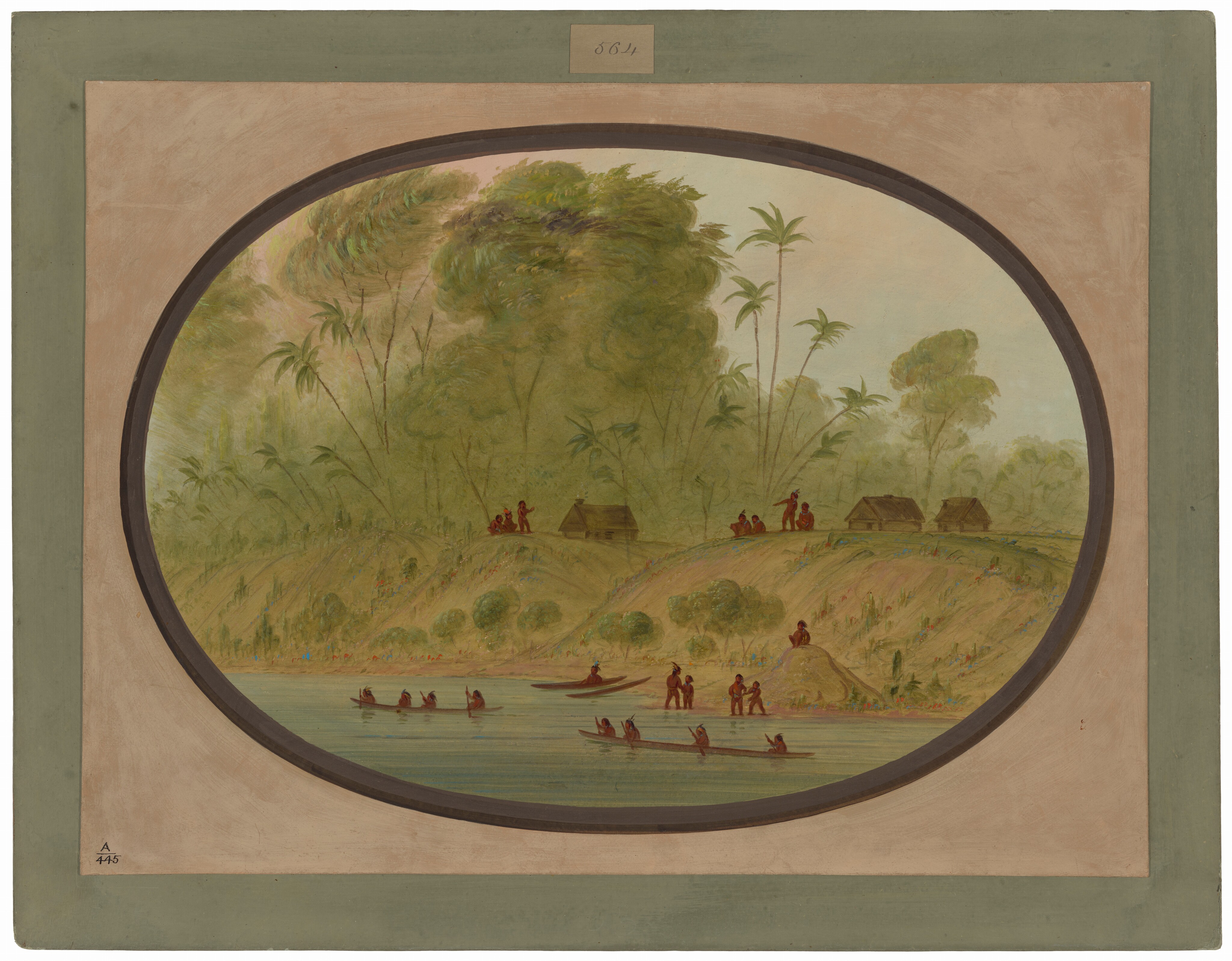 The image shows a landscape with lush greenery and tall trees. There is a body of water in the foreground with people in canoes. In the background, figures are near huts on a hill. The scene is depicted in soft brushstrokes with earthy tones of green and brown, creating a tranquil atmosphere. The horizon is high, showing a distant sky above the trees.