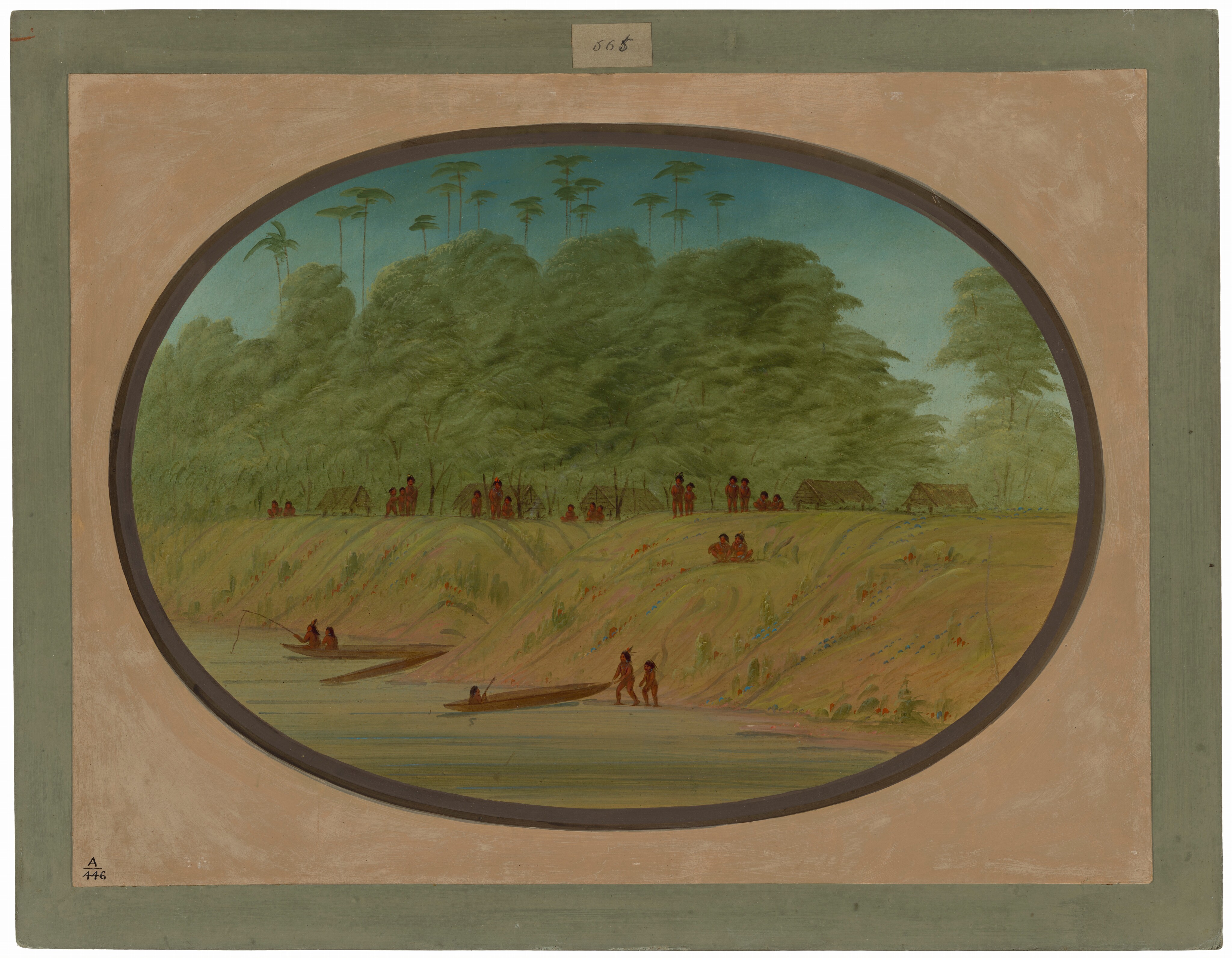 The image displays a landscape framed in an oval shape, depicting a river scene. People and canoes are near the river, engaging in activities like fishing and paddling. Grassy banks lead to a settlement area where groups of people are gathered near simple structures. Tall trees form a canopy above the settlement. The brushstrokes are detailed, creating texture in the foliage and terrain. The color palette is earthy, with greens, yellows, browns, and blues dominating the scene. Taller trees reach into the sky in the background, completing the view.