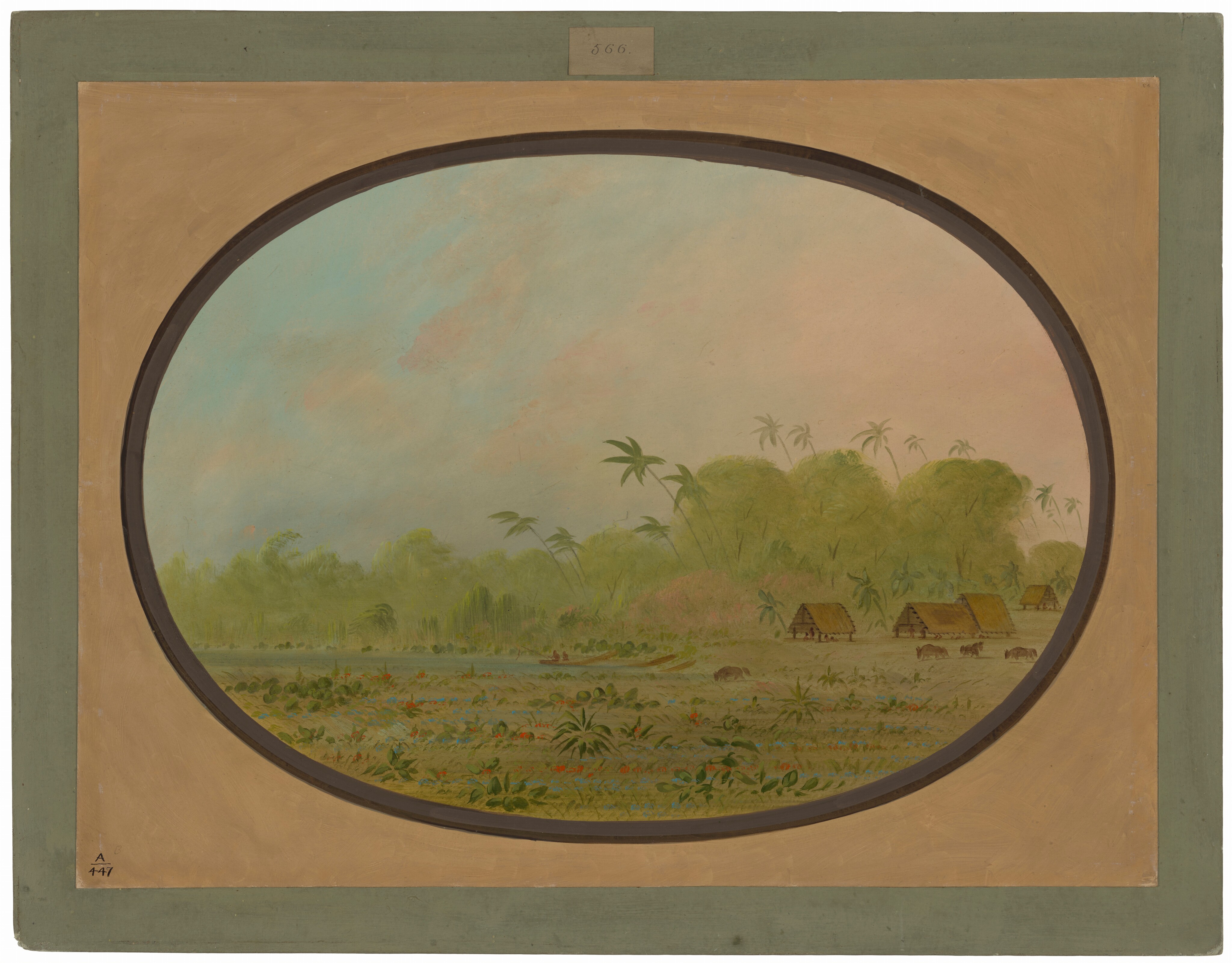 The image shows a landscape with a pastoral setting seen from a slightly elevated perspective. Greenery meets a pastel-colored sky near the horizon in the upper third of the composition. A line of trees with various foliage appears at the horizon, including tall palm trees silhouetted against the sky. The brushwork is delicate and detailed, capturing natural elements with a light touch. In the foreground, a field with small plants and flowers is depicted with intricate brushstrokes. Simple structures with thatched roofs are nestled within the greenery. The color palette includes soft greens, warm earth tones, and gentle sky pastels. The frame around the painting complements the landscape.