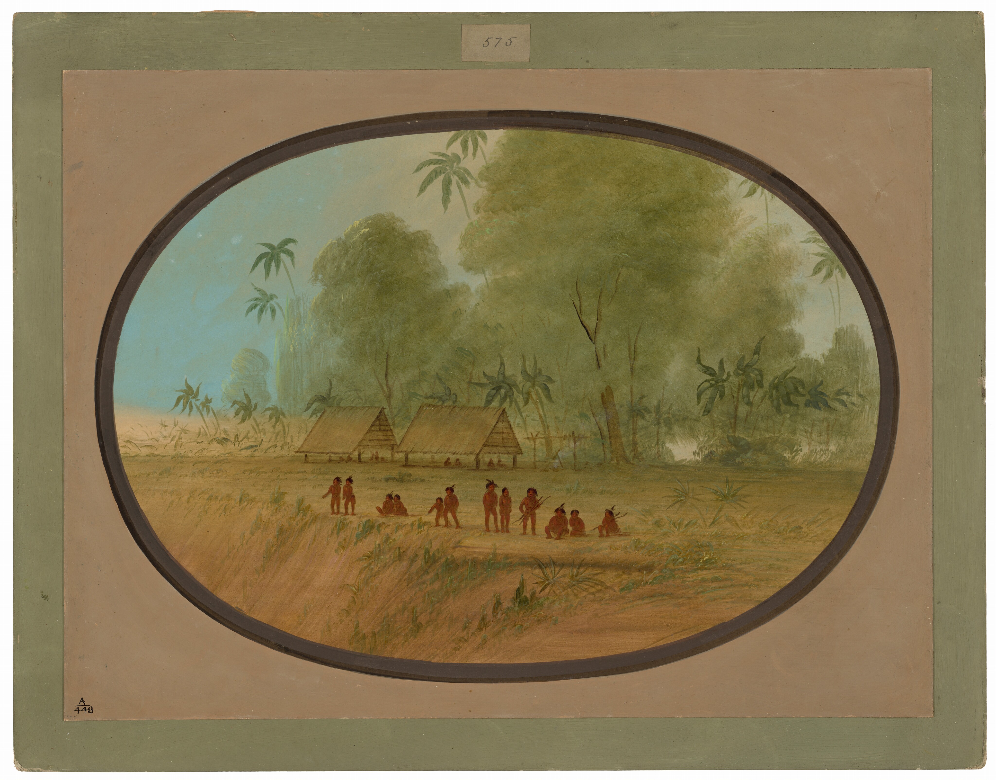 The image is viewed from an elevated perspective, showing a scene with a low horizon. Huts are nestled in a lush, green wooded area. Brushstrokes are smooth, capturing the density of trees and foliage. The color palette is warm and earthy, with greens, browns, and soft sky blue. A group of figures is gathered in the foreground. Trees rise behind them, with a dense vegetation framing the scene.