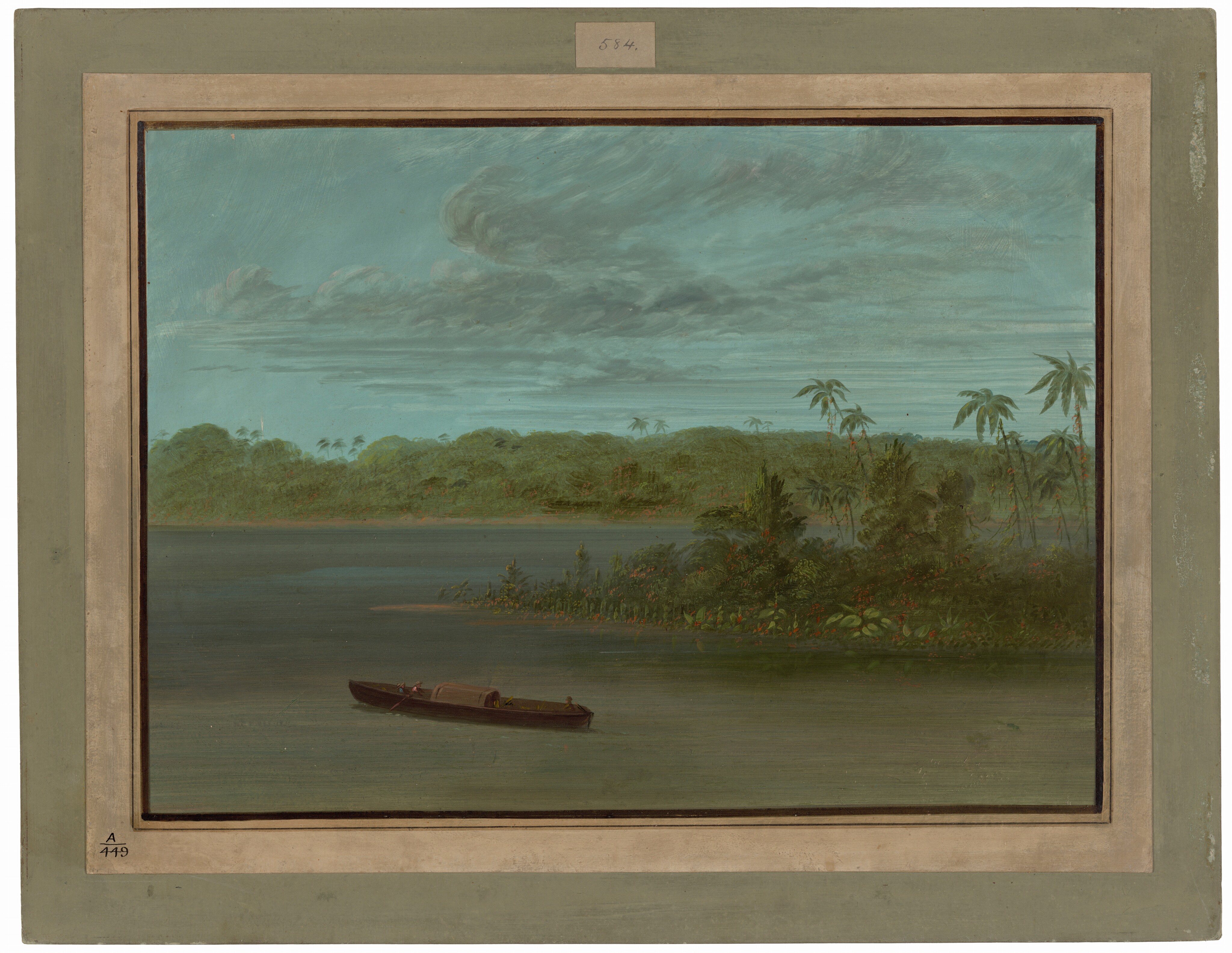 The image shows a view of a body of water with a boat in the foreground and lush greenery in the background. The sky above is painted in shades of gray and blue with soft clouds. The overall color scheme is made up of cool blues, greens, and browns.