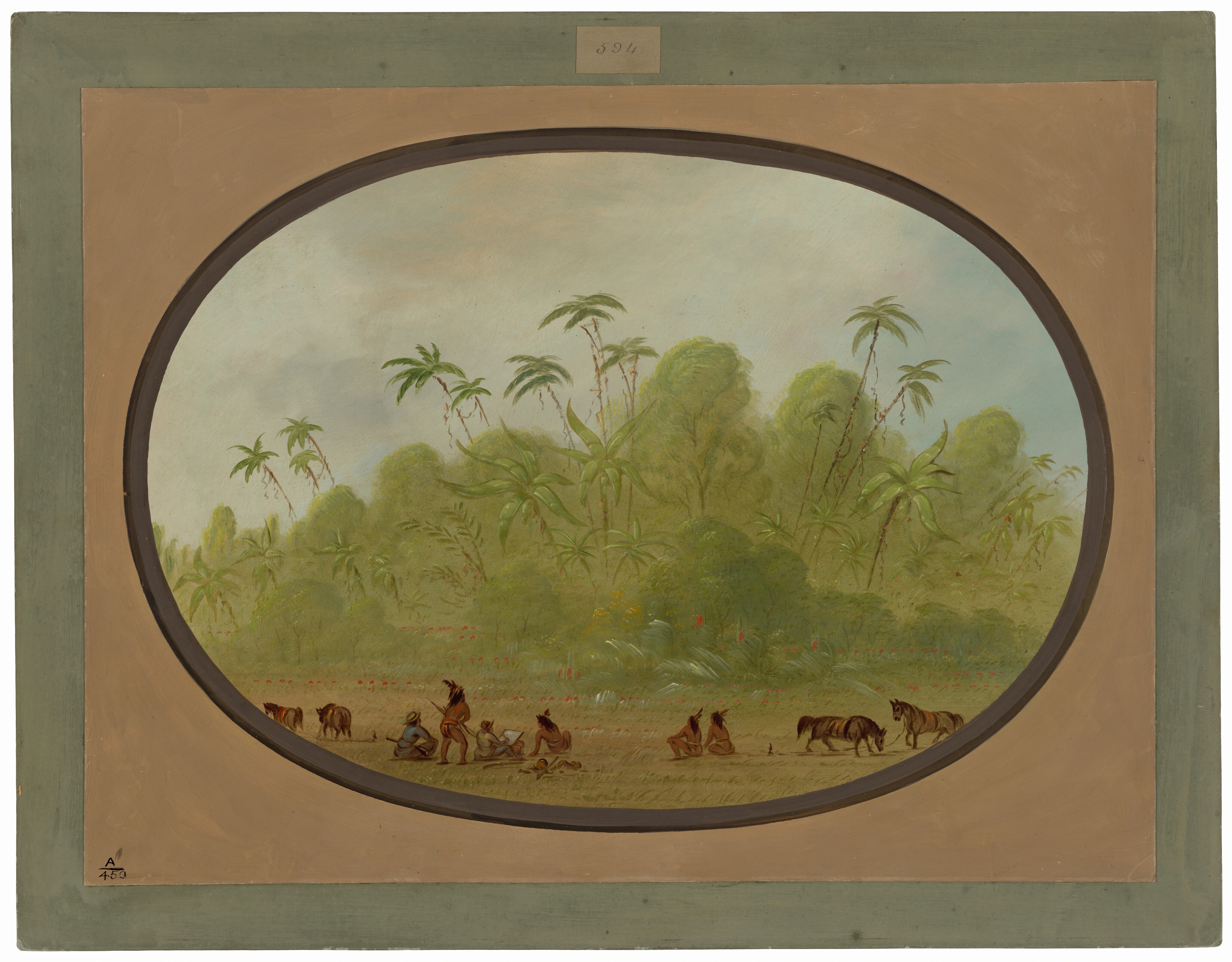 The image shows a scene viewed from an elevated point through an oval window. The horizon is in the upper part, with a dense wall of greenery made up of lush trees and palms. The foliage is vibrant with various shades of green, while the sky above displays soft blues and gentle grays. In the foreground, multiple figures are engaging in an activity on open land, with some animals present. The painting features fine brushstrokes, detailing plants and figures for a realistic effect within a controlled space. The color palette includes natural greens, earth tones, and occasional touches of bright reds within the foliage, creating a serene visual impact.