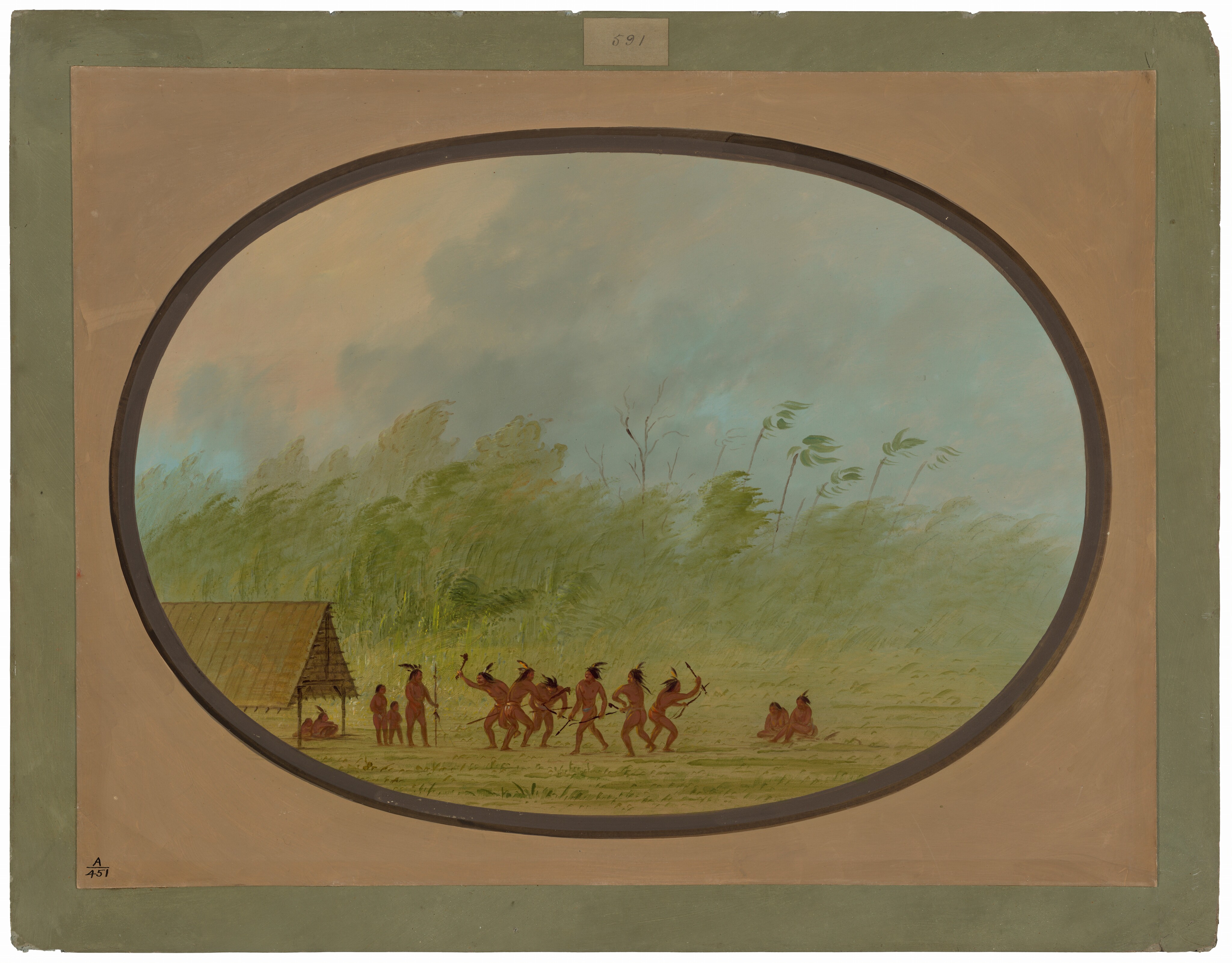 The image shows a scene of daily life from an observational point of view. The horizon is positioned just above the middle of the composition, with dense green foliage stretching across the image. The brushstrokes are soft, creating a smooth texture in the sky, trees, and leaves. The color palette is earthy and muted, with greens, browns, soft blues, and grays dominating. In the foreground, a group of individuals is engaged in an activity, with some near a modest structure with a sloped roof on the left side.