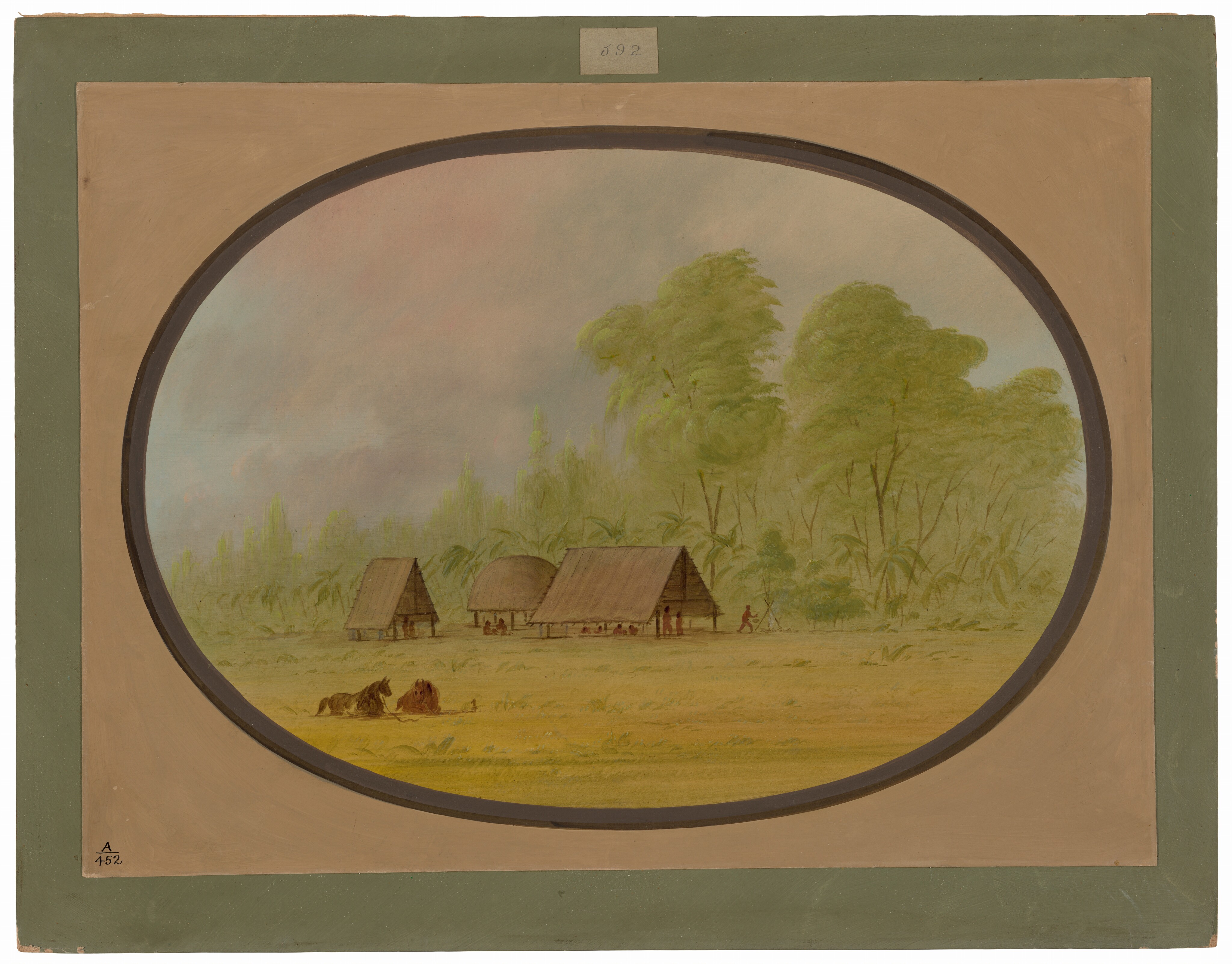 The image shows a rural landscape with traditional thatched-roof huts on a yellow plain. There is a line of greenery and trees on the horizon. The brushstrokes are soft, and the color palette includes earthy greens, yellows, blues, and pinks. In the distance, a figure is near the huts.
