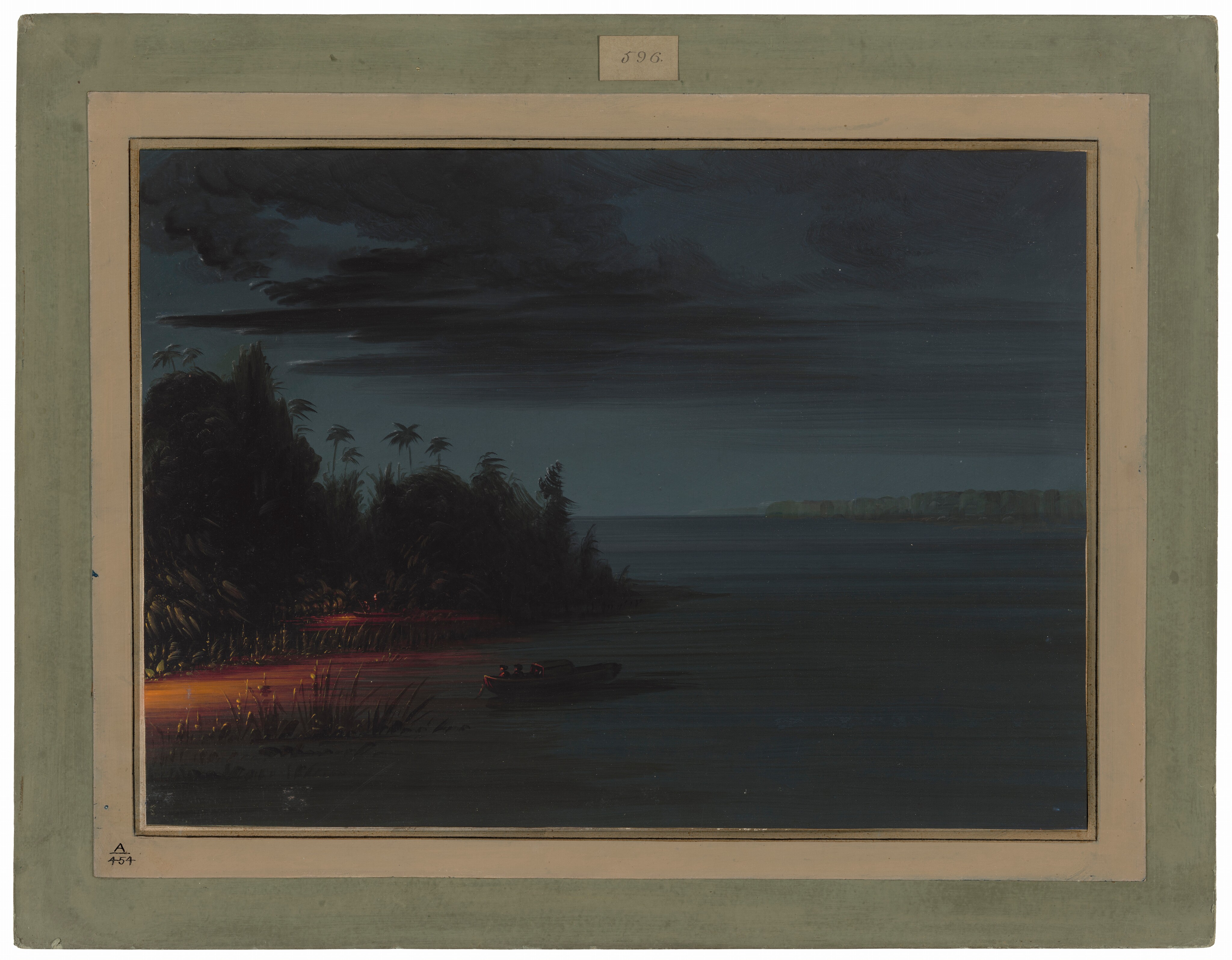 The image depicts a night-time riverscape with a view from the bank of a river. The horizon is in the upper third of the painting, where the river meets a line of trees fading into the night. The brushstrokes give an impressionistic texture to the foliage and water, creating movement and depth. The color palette consists of deep blues and blacks, with a red-orange glow near a light source by the river bank illuminating nearby vegetation. A canoe with figures moves on the water near the light, heading towards the dim shorelines. Dark clouds loom in the upper portion, emphasizing the nocturnal setting.