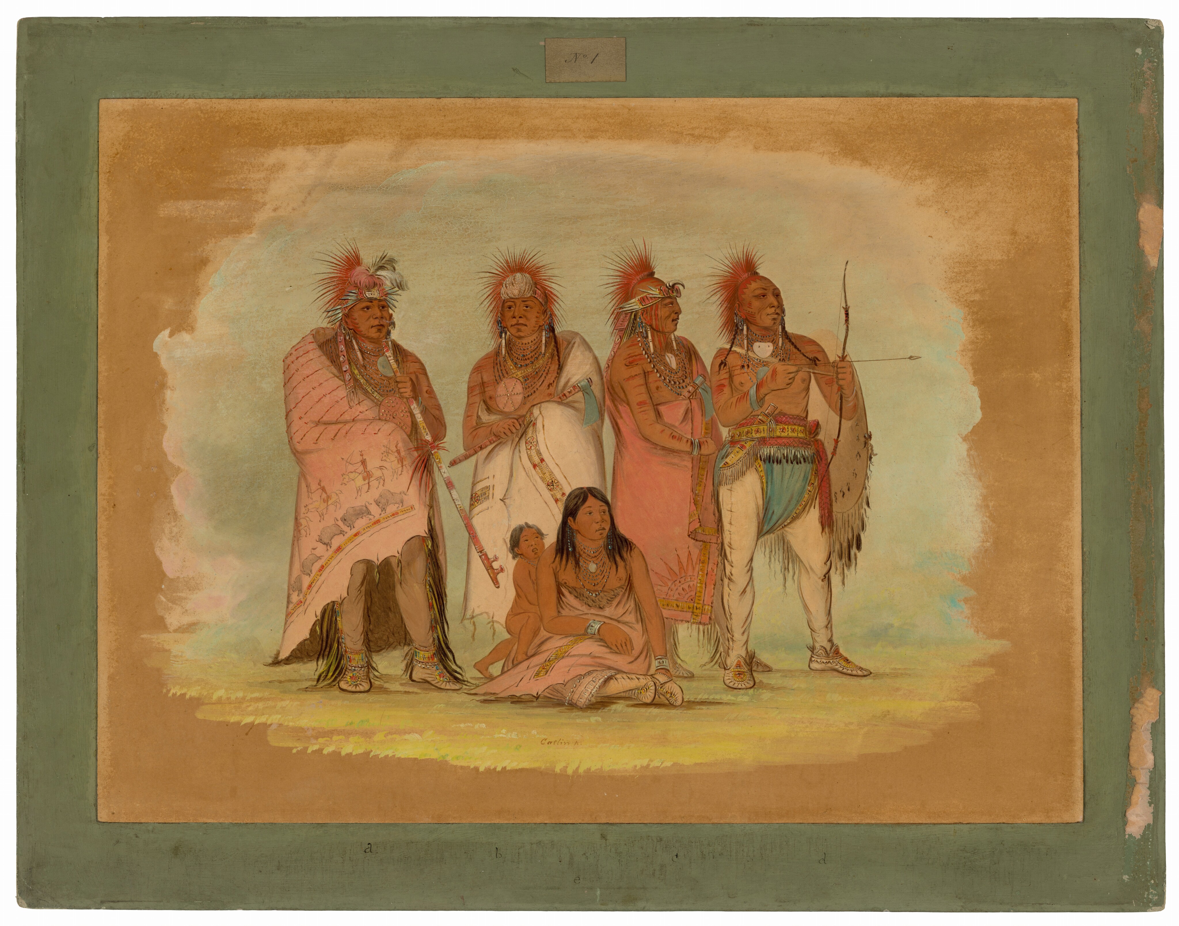 The image shows a group of five individuals - four standing and one seated in the foreground. The standing individuals have varied hand positions; two hold long pipes, and one appears to hold a bow and arrow. The seated individual is on the ground with a child beside her. The group has detailed facial features, with the men wearing plumed headdresses and the women adorned with beads and traditional clothing. The men have styled hair with adornments and wear cloaks, garments with patterns and beadwork, and moccasins. The seated woman wears a patterned garment, arm jewelry, and bead necklaces. The background is a light, textured painting suggestive of a natural environment, surrounded by a green frame with wear and a "37" label at the top.