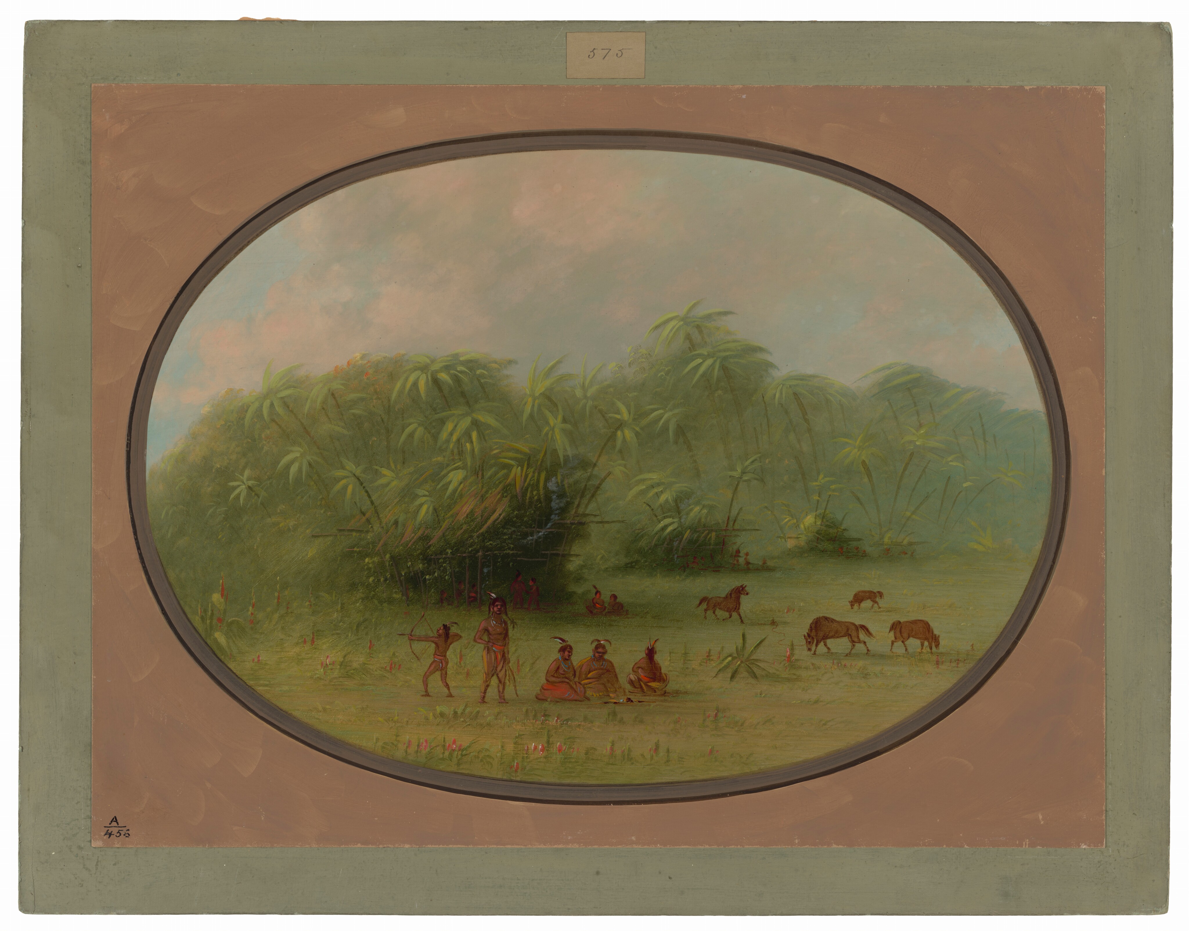 The image depicts a landscape with lush trees and vegetation. Several figures engage in daily activities, while horses graze nearby. The brushstrokes are detailed, and the color palette consists of natural tones with hints of red.