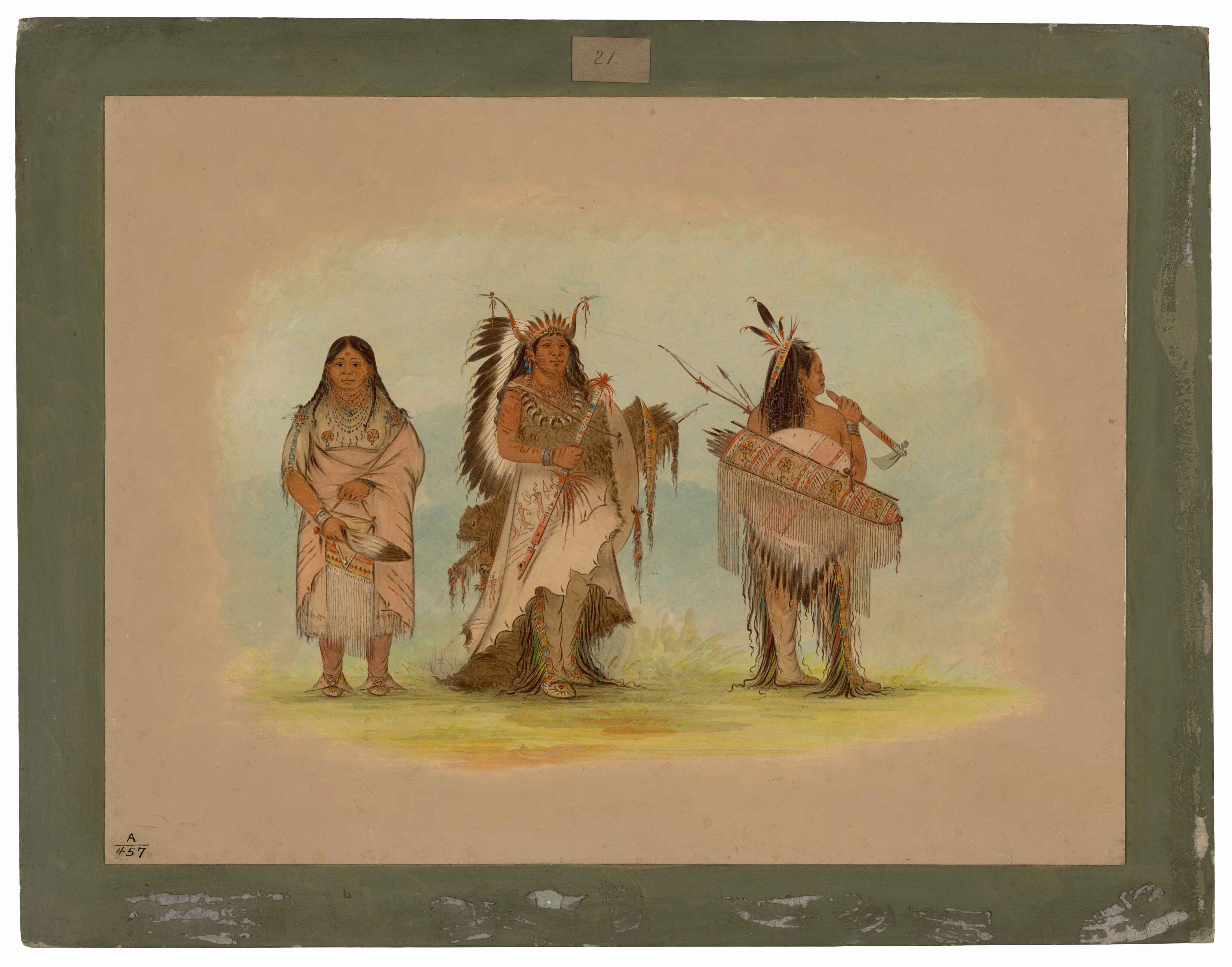 The image shows three individuals standing in a line. The person on the left has long dark hair, wears a light-colored, fringed garment with bead embellishments, and holds a feathered fan. The middle figure wears an elaborate headdress with feathers, a fringed garment with bead patterns, and holds a staff or spear adorned with feathers. The individual on the right has long dark hair, wears a fringed garment with beadwork, holds a wooden pipe, and carries a fringed, beaded bag. The background has a light-colored gradient, with the figures standing on grass, framed by a border with the number "21" at the top.