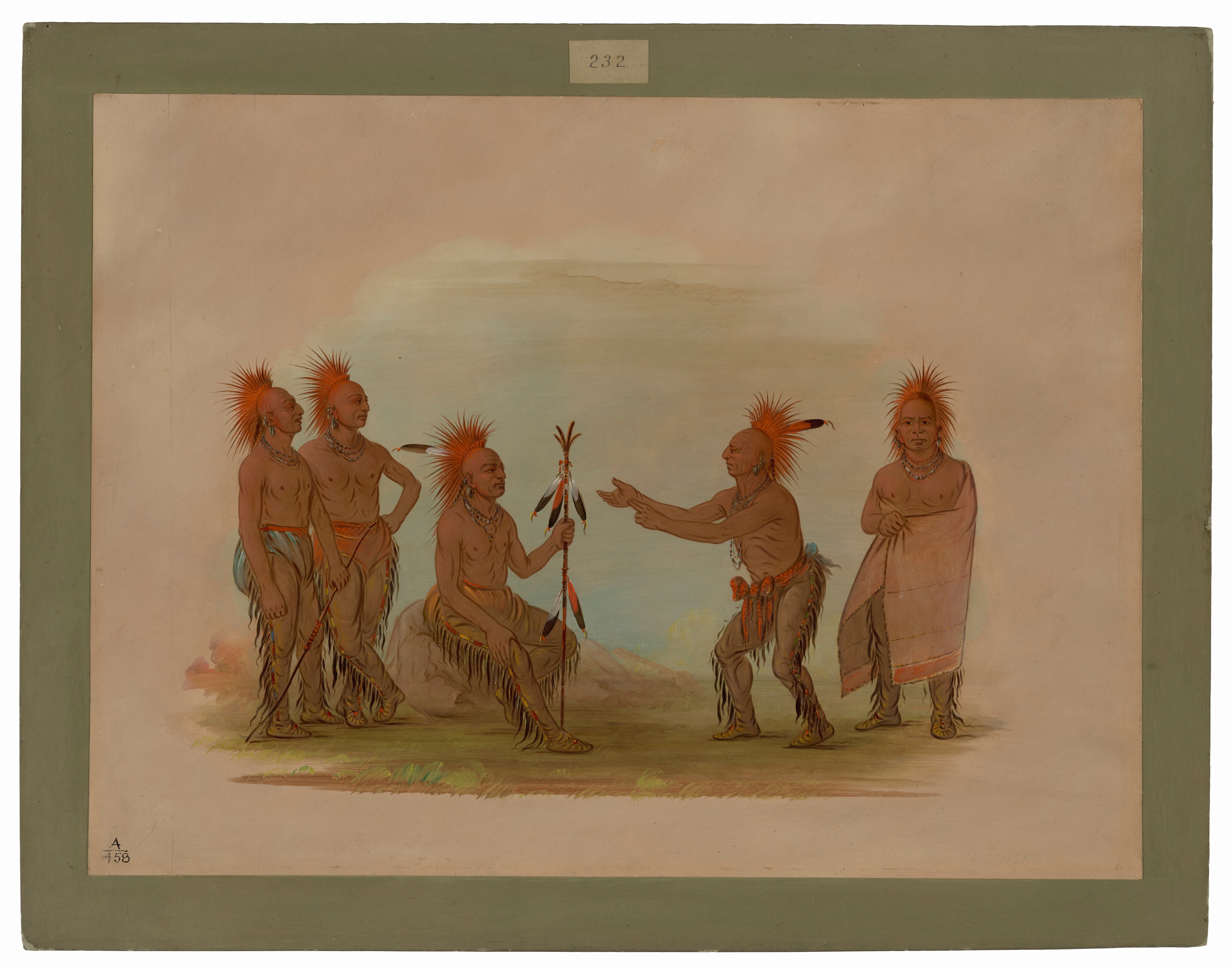 The image shows five individuals, each depicted in full-length form. Two individuals are standing on the left side. One has crossed arms, and the other is holding a staff. In the center, a seated individual holds a staff with feathers, looking towards another individual who is gesturing with one hand extended. The individual on the far right stands with a shawl draped over one shoulder. All five have distinctive hair styles with orange and black feathered extensions. They wear garments with fringes, vibrant patterns, and beads or necklaces. The background features a softly colored sky and hints of earth tones, suggesting a natural landscape with no distinct landmarks visible.