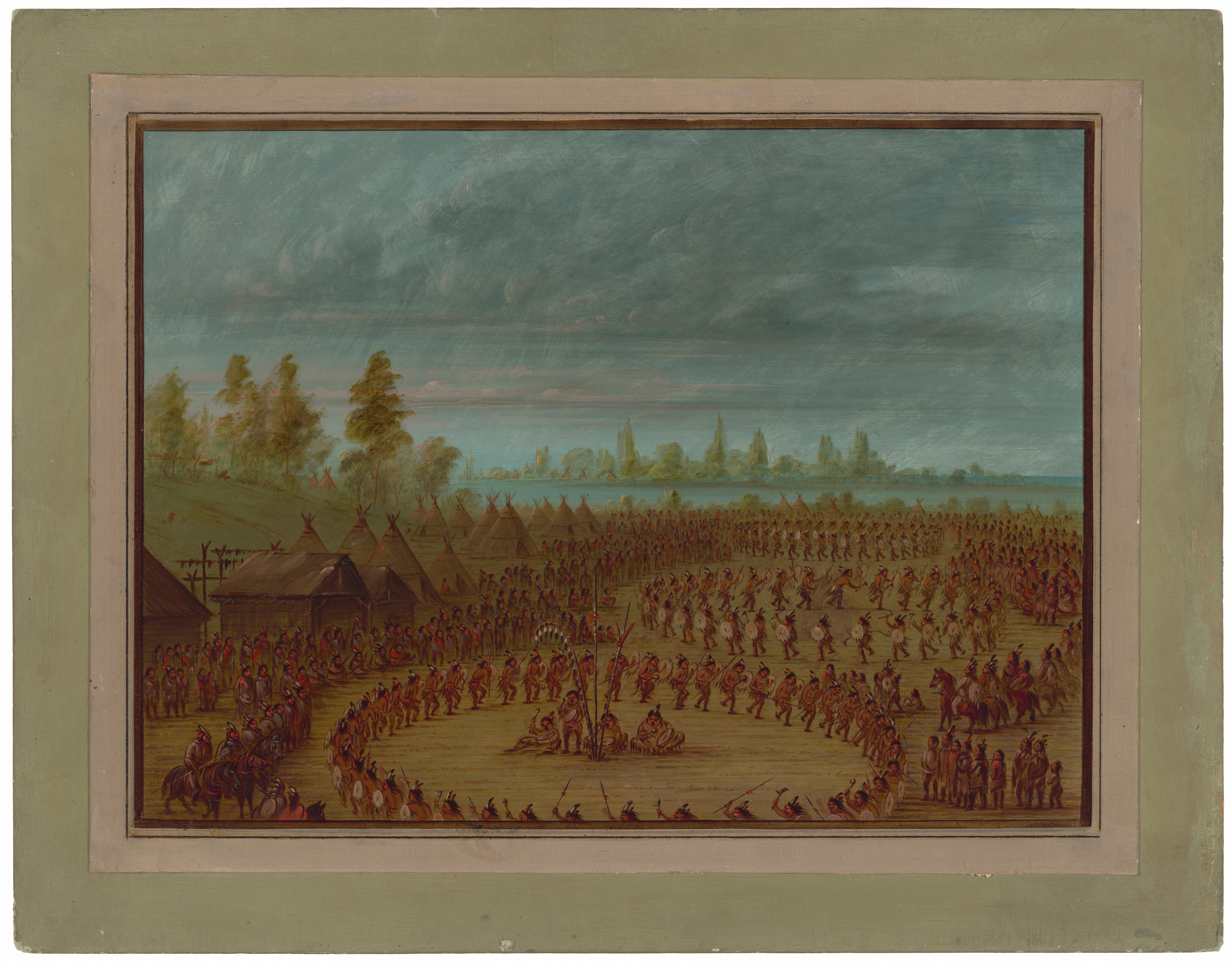 The image shows a large gathering encircling an open area from a slightly elevated perspective. The horizon is high with natural land, distant trees, and some structures under a soft sky. Teepees and thatched structures are on the left with figures engaging in a communal event. Movements of people in circular formations dominate the open space. Brushstrokes are detailed and precise, capturing the complexity of the gathering and landscape texture. The color palette includes earthy tones of browns and greens with subdued blues, creating a serene yet lively scene with warm cultural nuance.