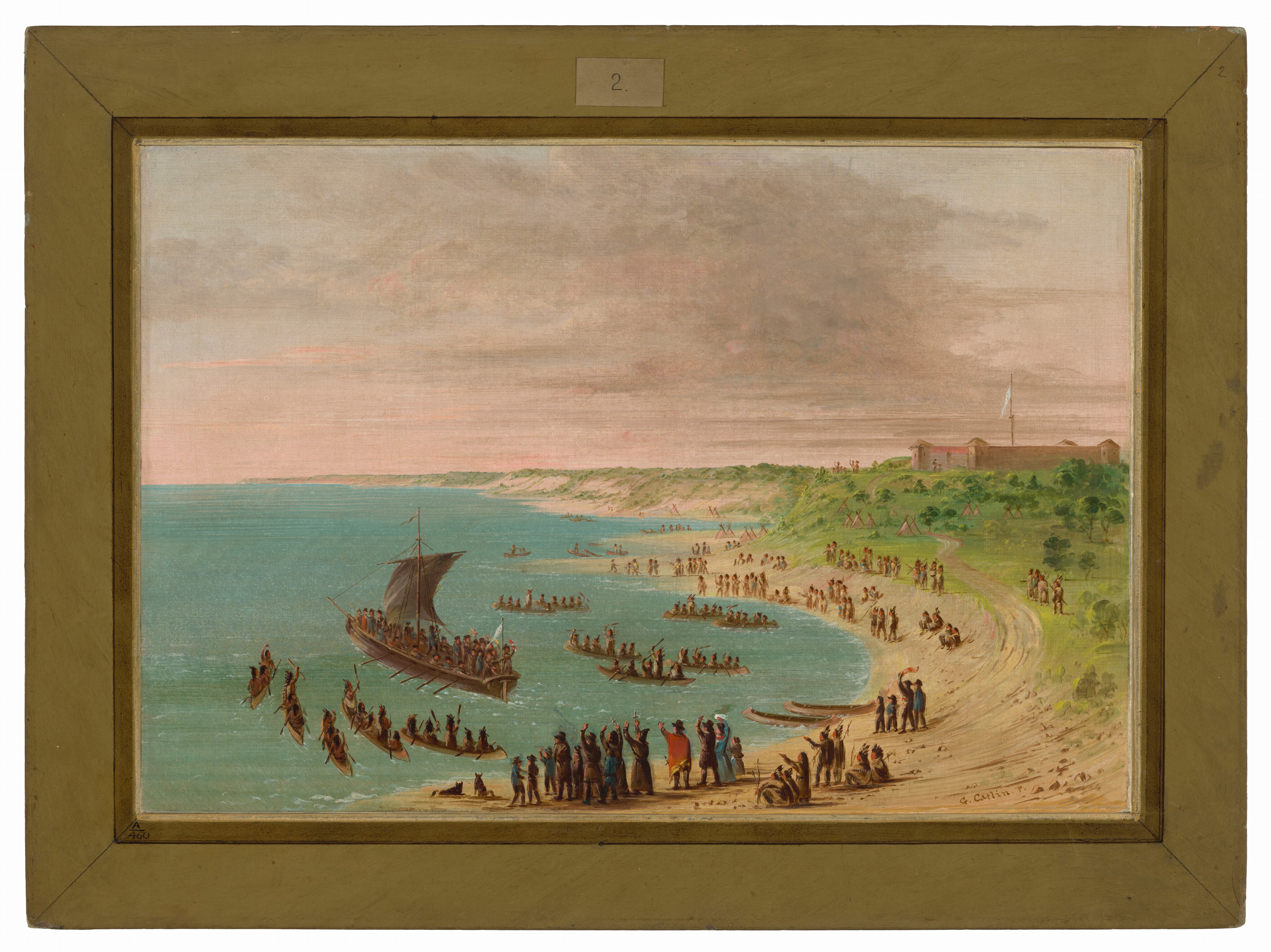 The image shows an aerial view of a shoreline with people in colorful clothing on the sandy shore. In the sea, there are small and larger vessels, the latter with a dark sail and people on board. The horizon meets the sea, blending with the sky above, which has a gradient of pinks and blues with clouds. The brushstrokes are smooth, detailing the scene. The color palette includes green, ochre, and blue-green tones for the land, sand, sea, and sky. The background shows structures and greenery along the coast.