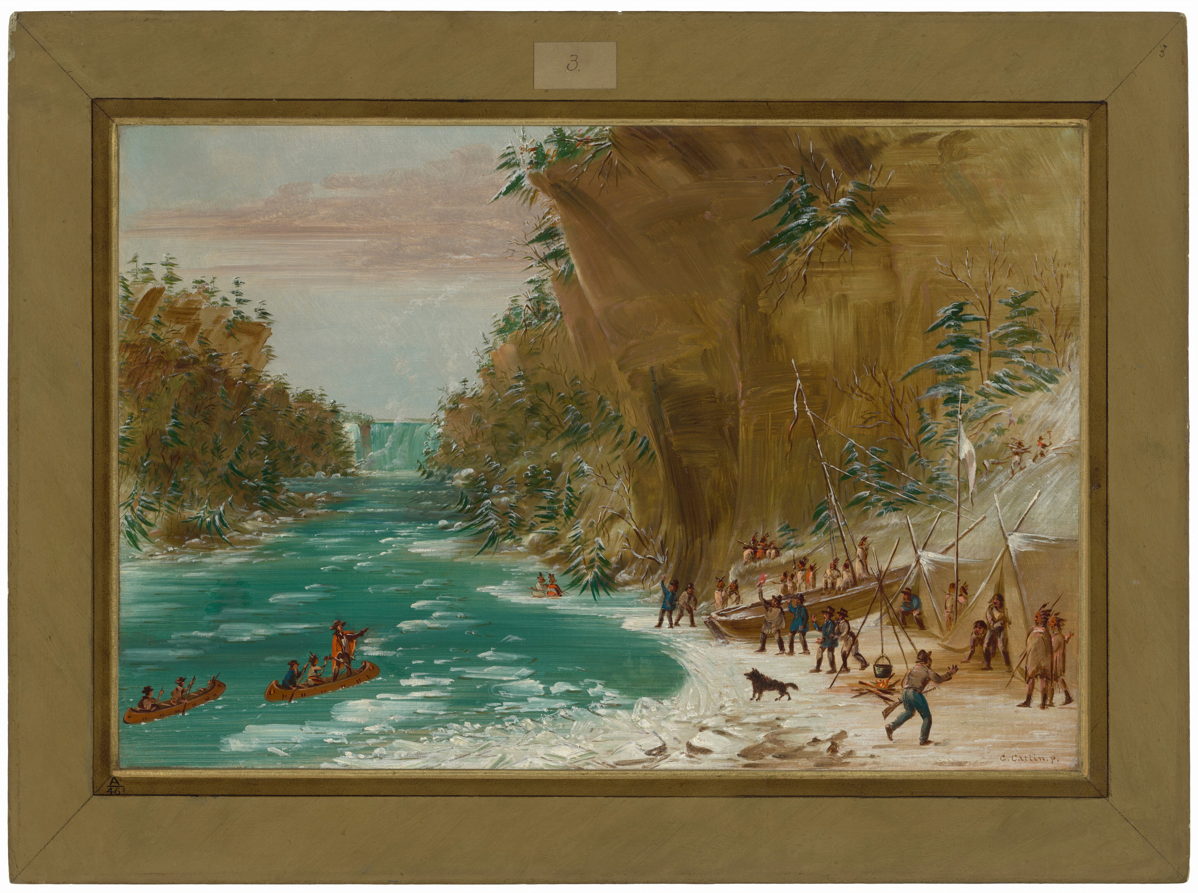 The image shows a winter scene with an icy river and activity on the shore. A rocky cliff partially covered in snow is on the right, with evergreen trees. On the left, the river flows towards a distant waterfall, creating a natural division. The horizon is low, emphasizing the surrounding cliffs and the waterfall. The artwork has smooth brushstrokes for the water and sky, while rocks and trees are more textured. The color palette is mainly cool tones of blues and whites for the icy landscape, with earth tones in the cliffs and figures. People on the shore are engaged in various activities, with boats and tents nearby.