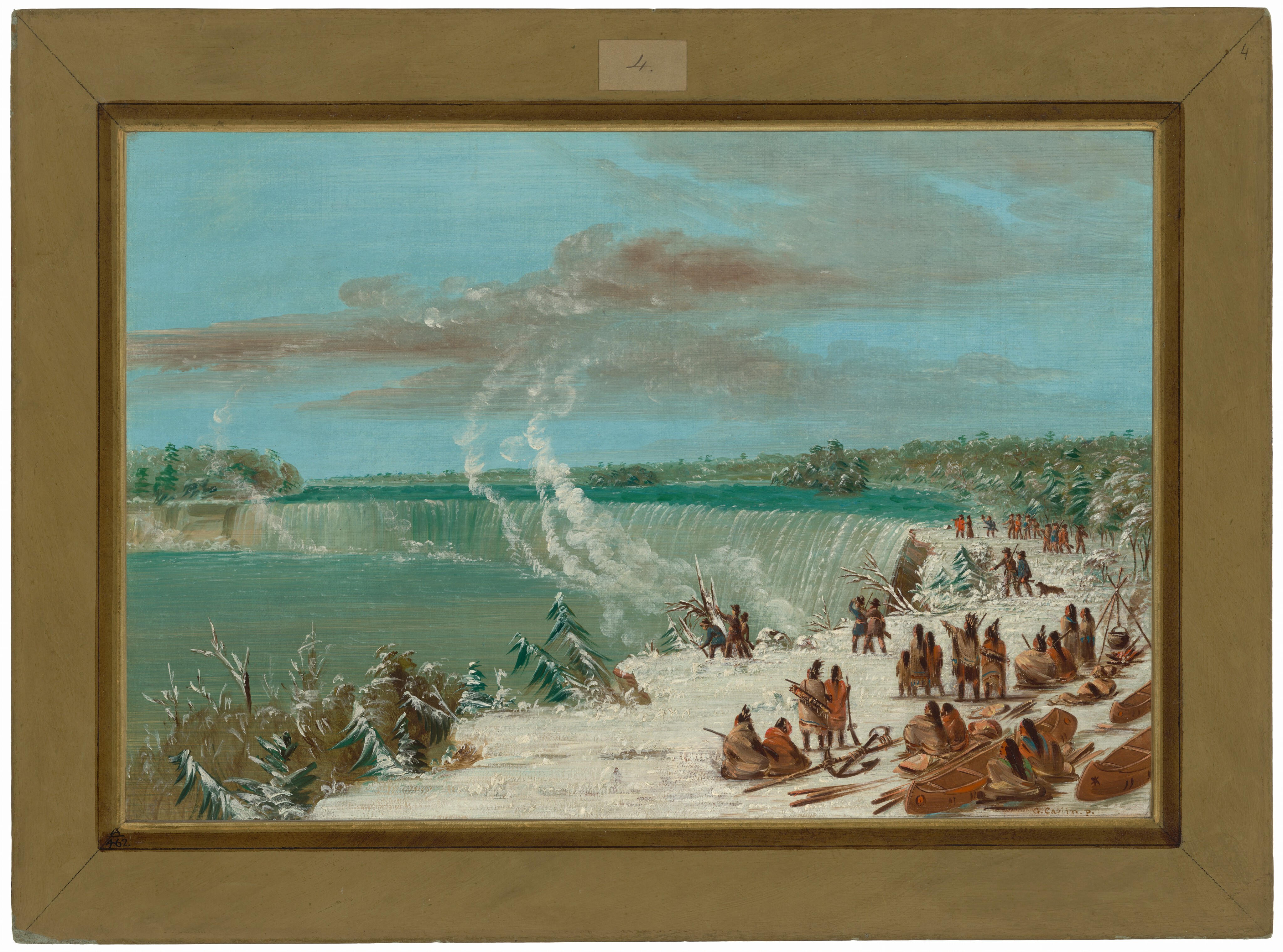 The painting depicts an elevated viewpoint of a grand waterfall surrounded by a landscape filled with people and canoes. The horizon is high in the composition, marked by a line of trees and the flowing waterfall. Delicate yet expressive brushstrokes capture the water's motion, trees, and people. The color palette is vivid and cool, with blues for the sky and water, and earth tones for people and canoes. A mist rises from the waterfall's base, merging with soft clouds in the sky. The scene suggests a winter atmosphere, with touches of white indicating snow on the ground and vegetation.