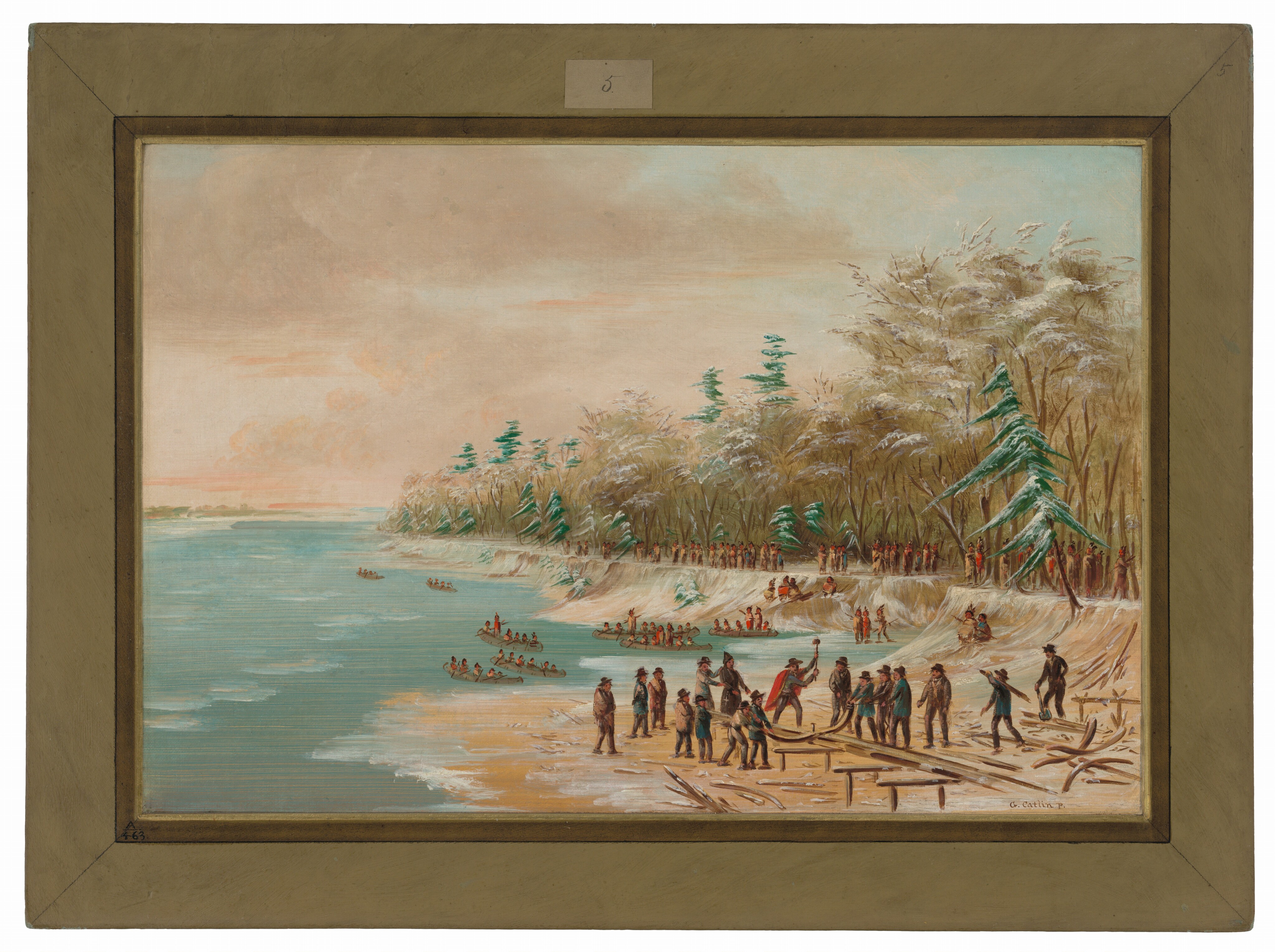 The image shows a shoreline with people engaged in various activities. The horizon is in the upper third of the image, with the water meeting the sky. Along the shoreline, there are people and groups, some standing and others active. Trees are present with a hint of snow on them. The color palette includes earth tones, pale blues, and splashes of red. The brushwork is detailed yet loose, capturing the lively atmosphere near the water.