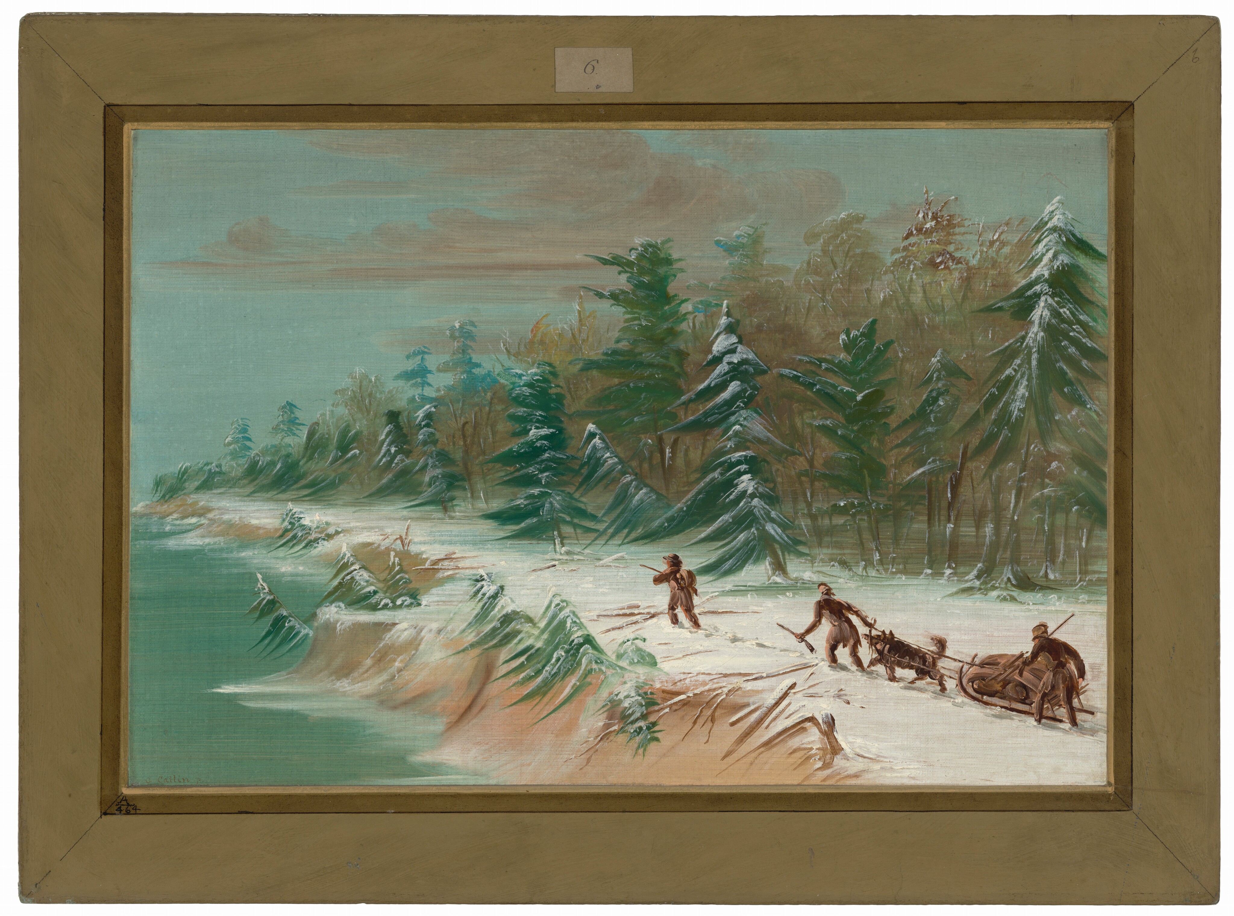 The painting depicts a winter scene with an elevated perspective, showing a snow-covered landscape. The horizon is high with snow-covered trees blending into a pastel sky. The ground is covered in snow with streaks of green and brown. Snow-covered trees extend from the foreground to the horizon. Two figures with dogs on a sled can be seen in the distance. The brushstrokes are loose, capturing the snow texture, figure movement, and foliage. The color palette is cool and earthy with soft greens, whites, and browns, complemented by muted sky tones.
