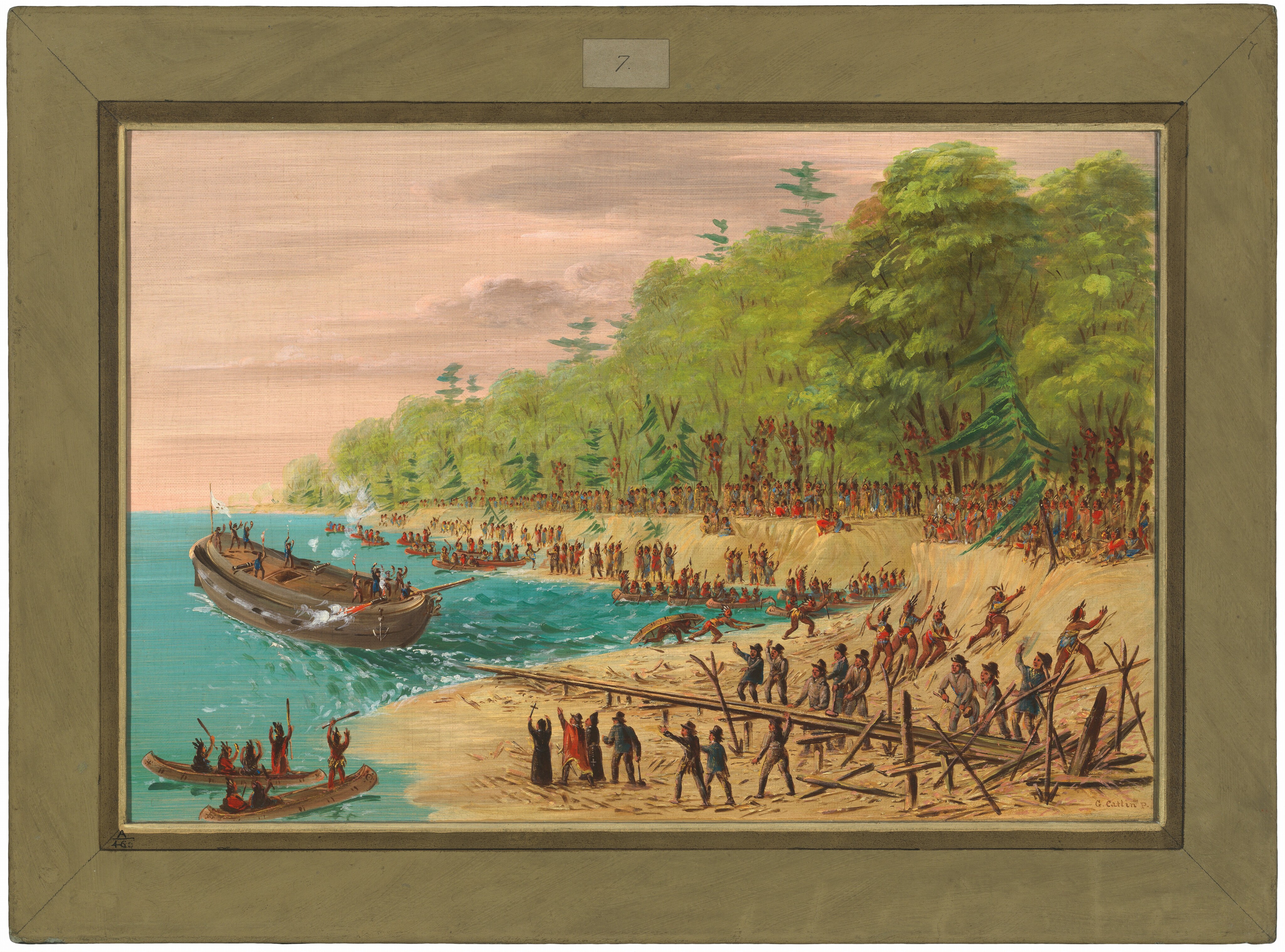 The image shows a gathering of indigenous people along a waterway, with a large boat being maneuvered ashore. People on land and in canoes are raising their arms towards the boat. In the background, a crowd lines the shore, with a forest and sky in soft pink and gray hues. The style is characterized by detailed brushstrokes capturing textures and motion, with a vibrant natural color palette.