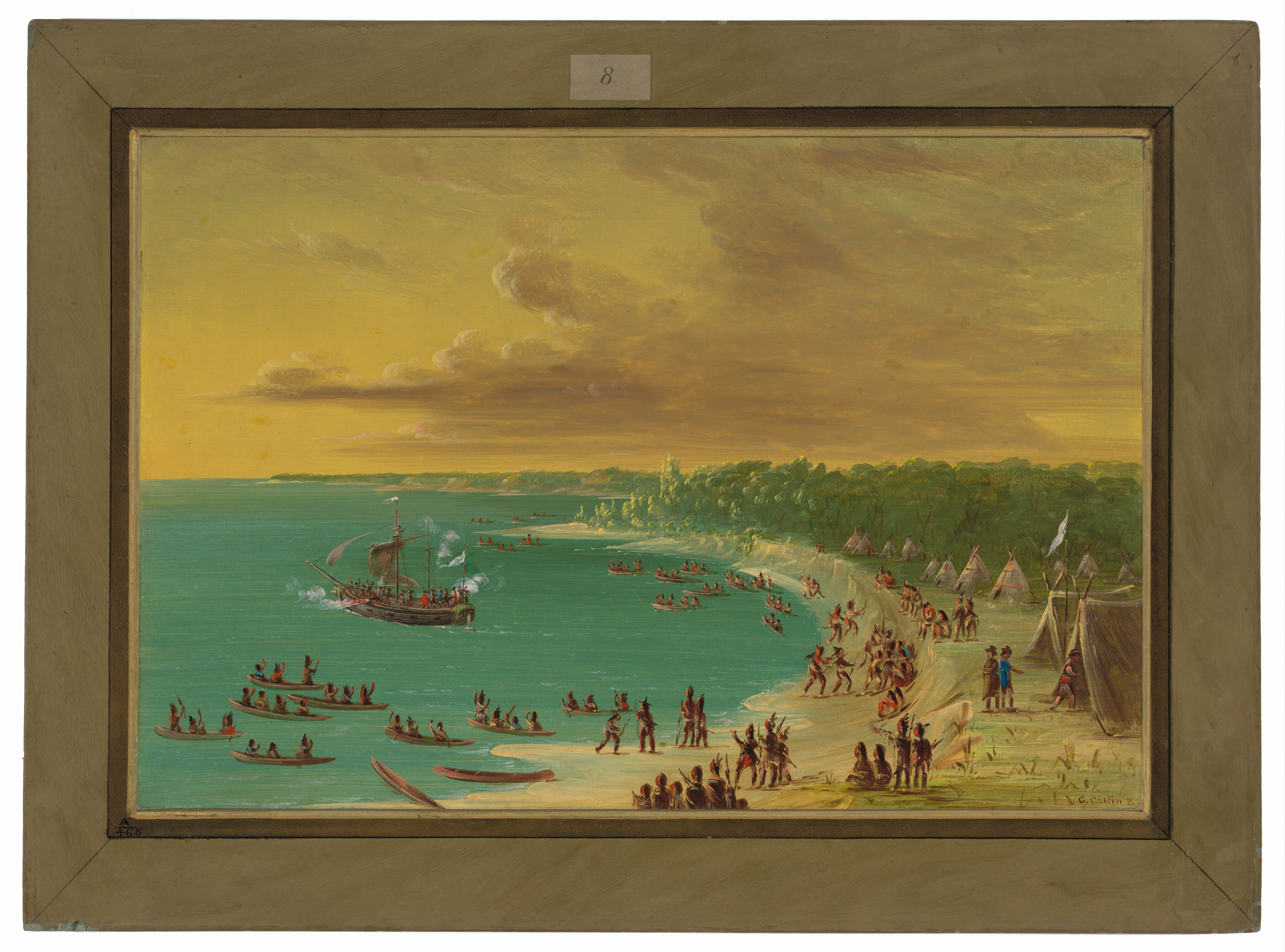 The painting depicts a coastal scene with various maritime and terrestrial activities. The horizon is high in the composition, with a sky displaying golden and orange hues. In the foreground, there are multiple small boats with figures and a larger ship further out. The brushstrokes are detailed and capture movement. The color palette includes turquoise waters, warm sky tones, green coastal foliage, and earthy land colors. In the distance, figures are gathered along the shore, with teepees visible further back.