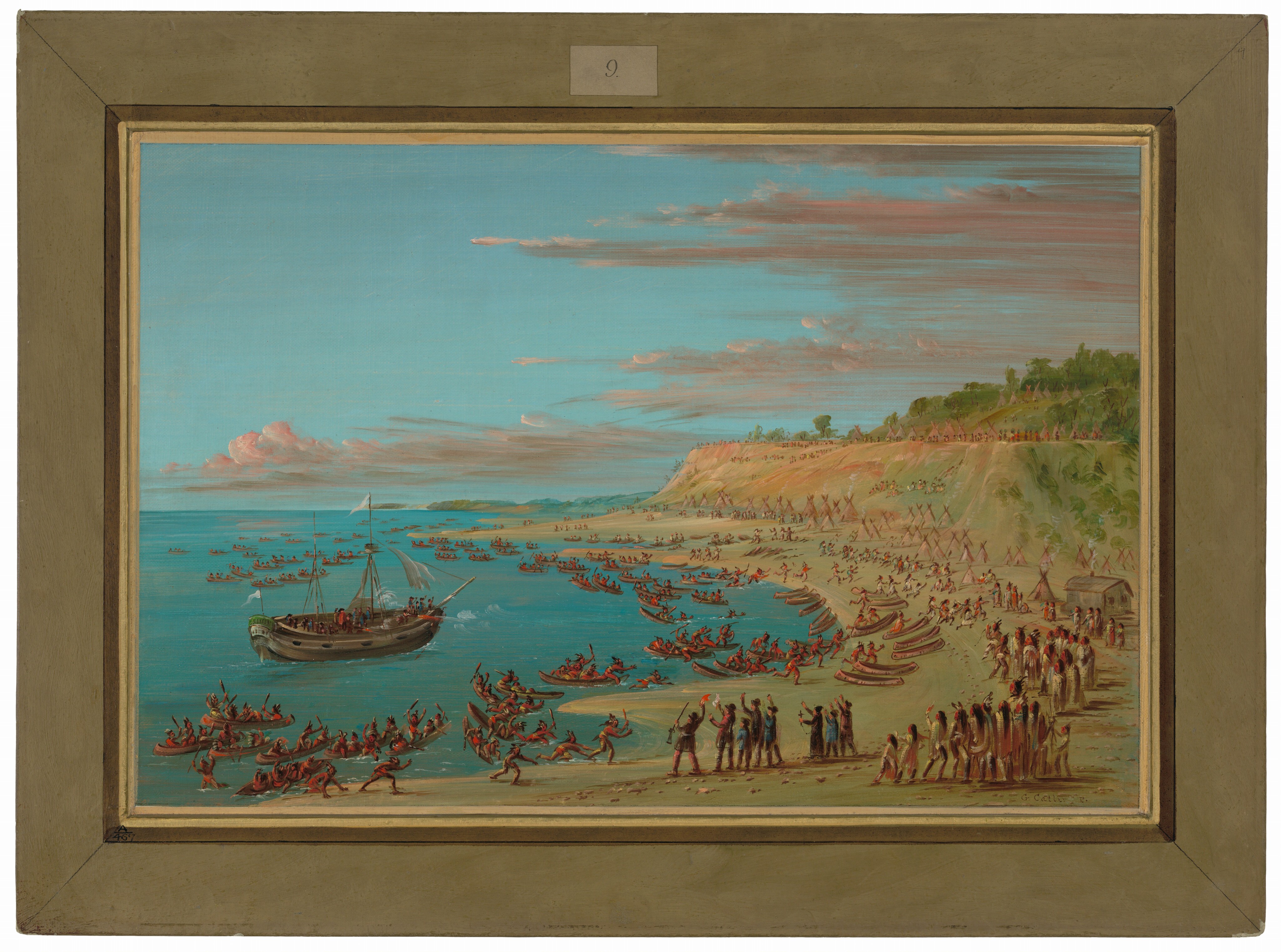 The painting depicts a scene with a broad vista of the sea meeting a sky with scattered clouds. The brushstrokes are detailed, showing numerous figures and activities. The color palette includes blues, beiges, and greens, with vibrant reds for the figures. In the foreground, people are gathered on a sandy shoreline, with more people and canoes visible in the distance. Elevated land in the background has trees and tents or tepees against a pastel sky.