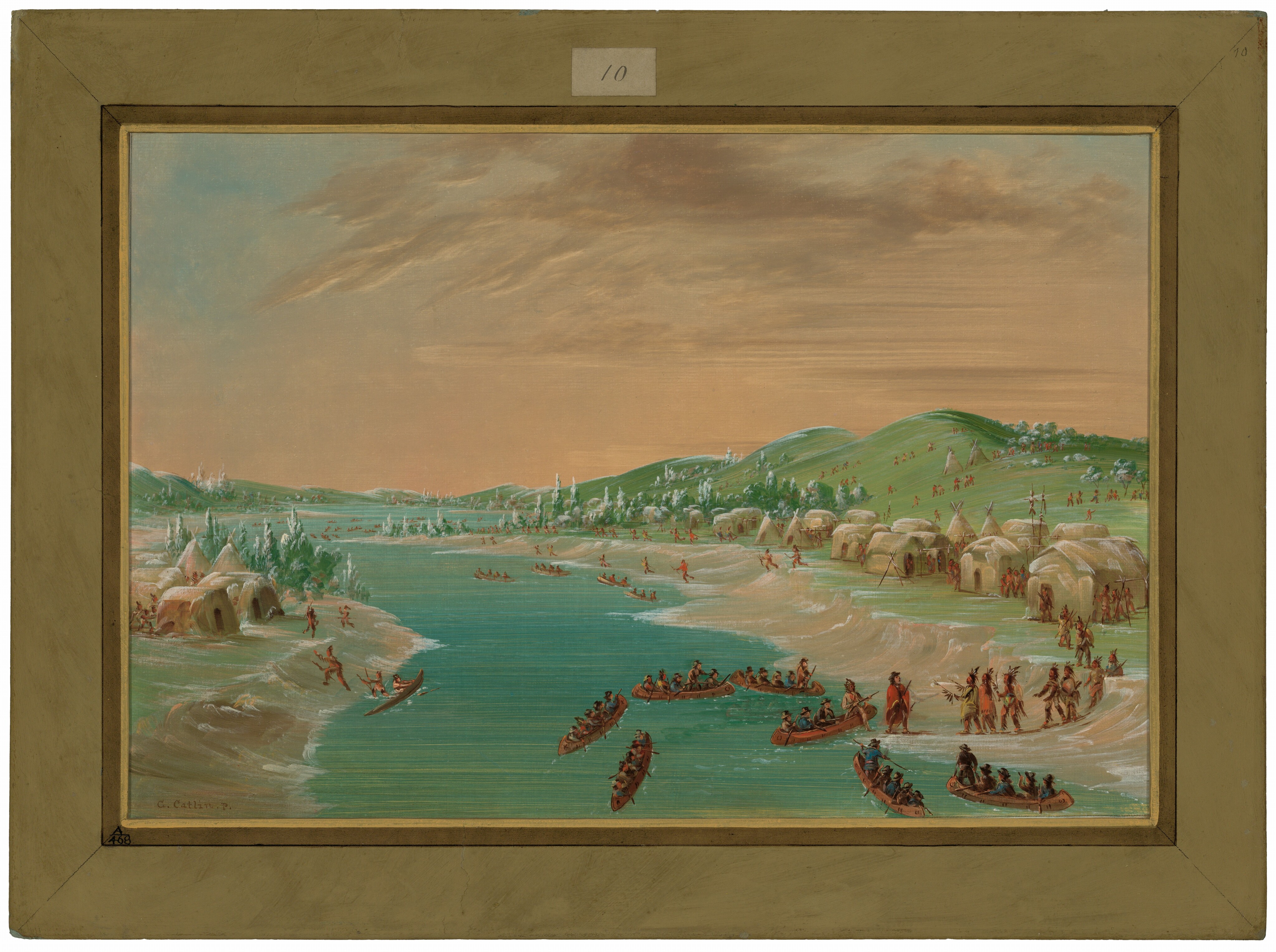 The image shows a riverside scene with various activities. The horizon has green hills with trees. Villagers and tipis are on both sides of the riverbanks. Canoes filled with people are on the water, some docked near the sandy shore. The brushstrokes suggest movement. Colors include earth tones for the landscape and a gradient sky of peach and light blue.