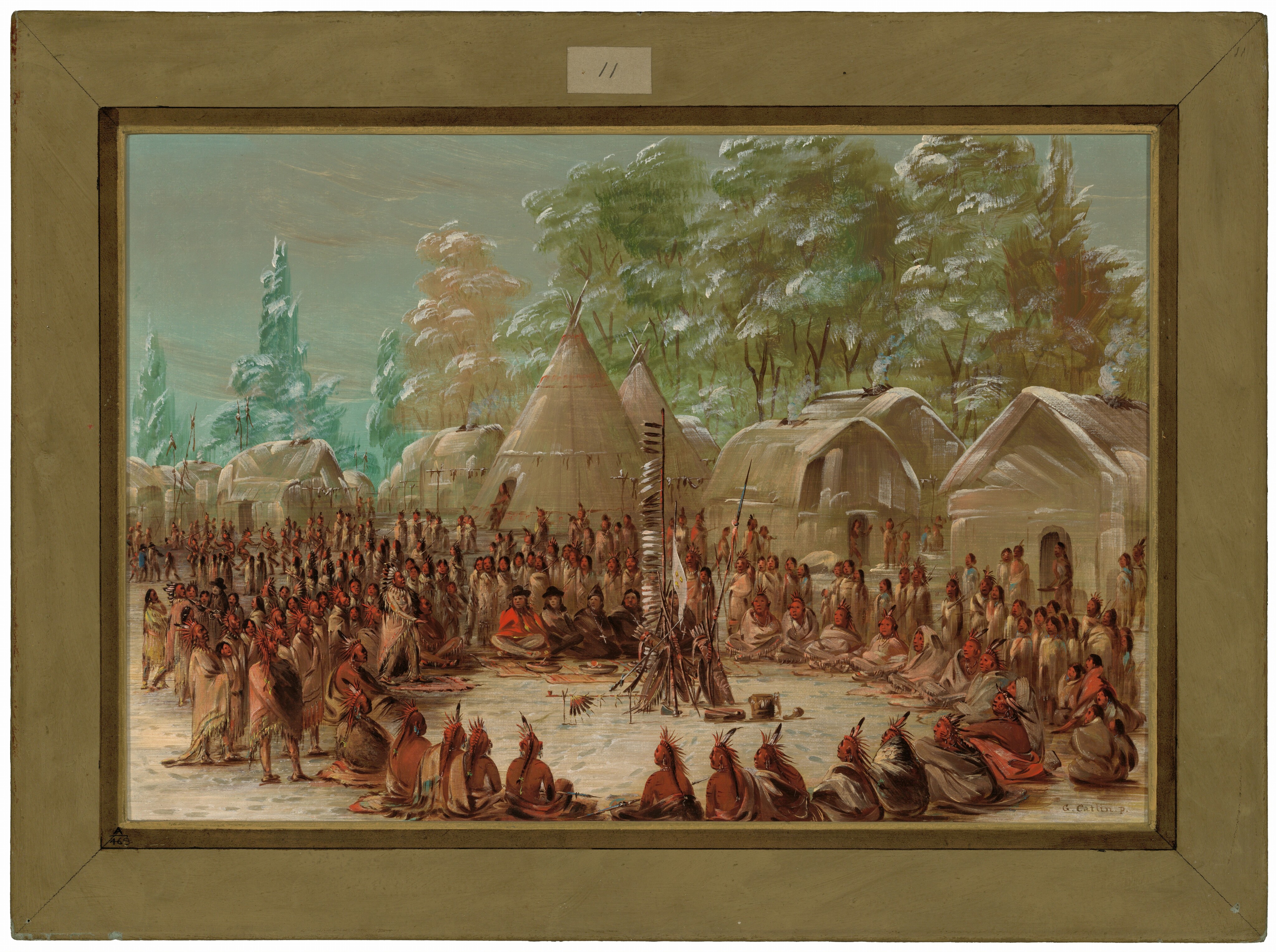 The image displays a gathering of people in a circular formation, surrounded by trees with green foliage. The scene shows figures in earthy-toned garments, with various shelter structures in the background. The color palette includes browns, beiges, earthy reds, blues, and greens.