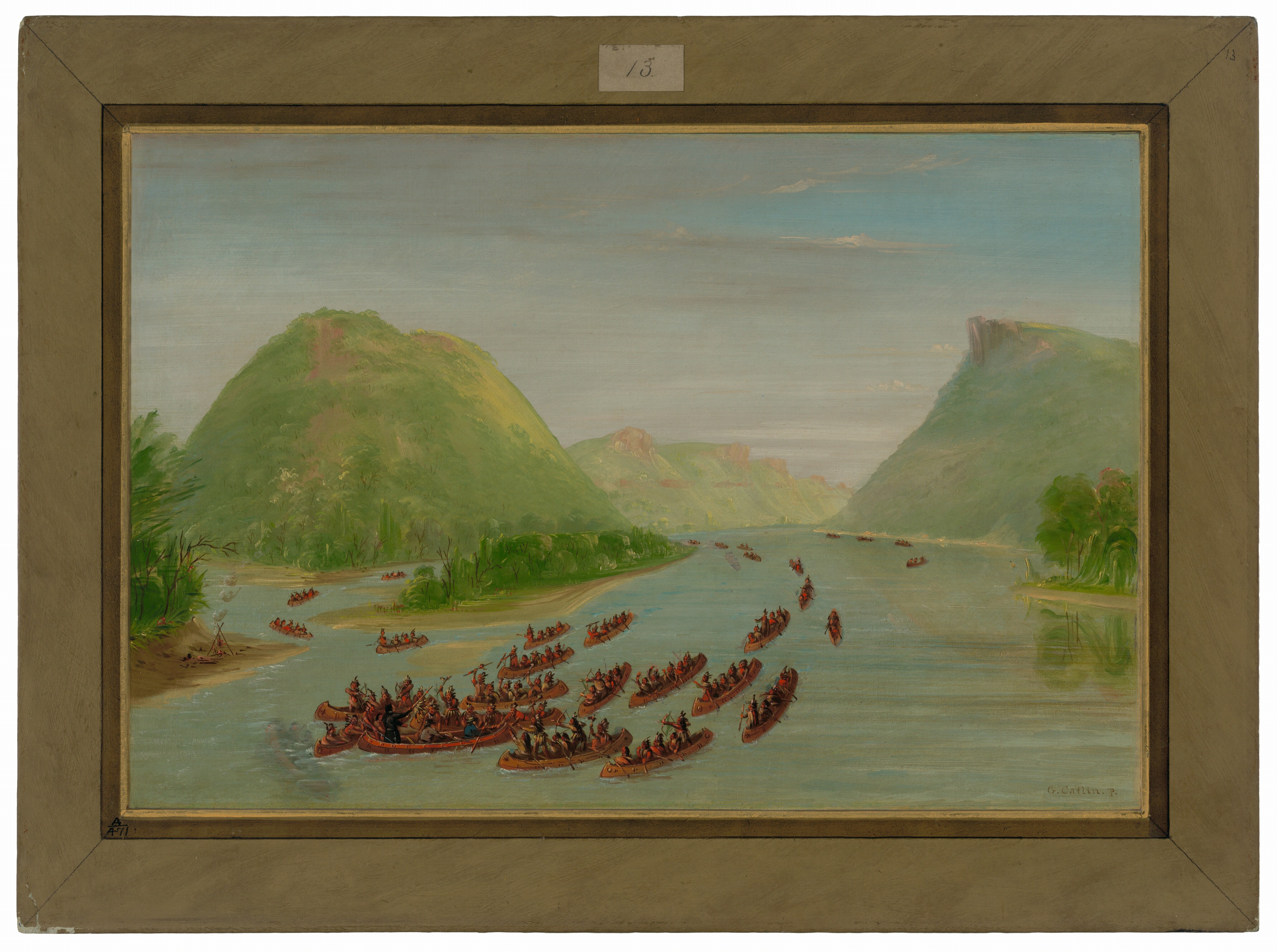 The image shows a river landscape from an elevated point of view. The river curves around lush green hills in the distance. The brushstrokes are smooth and controlled, giving the water a reflective quality. The hillsides exhibit variations in green, depicting vegetation. The predominant colors are greens and blues, with touches of brown and red in canoes. In the background, the hills stretch into the distance, creating a serene scene.