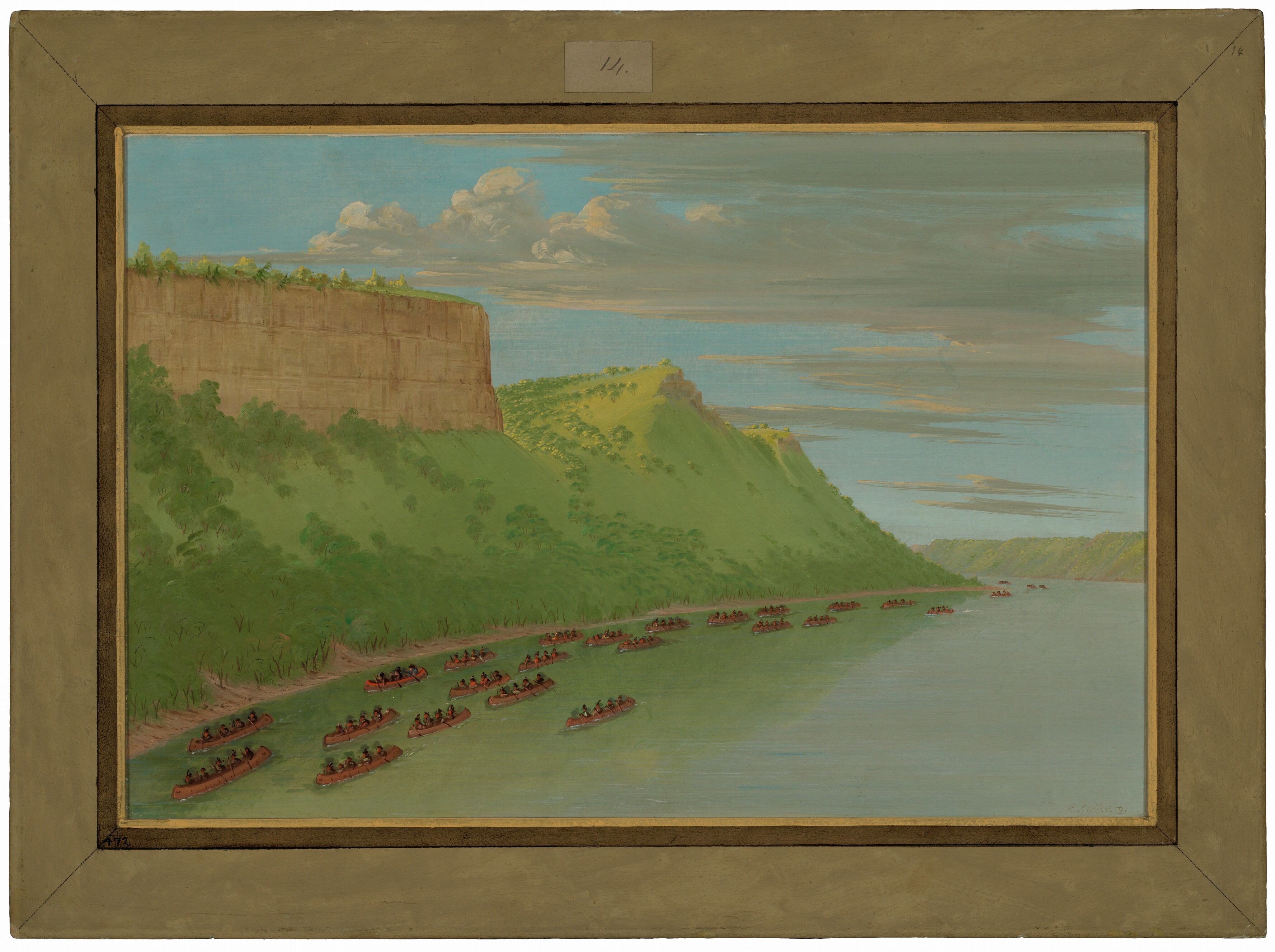 The painting shows a river flowing past high cliffs with canoes carrying people. The perspective is slightly elevated, offering a wide view of the scene. The river is filled with canoes arranged in a horizontal line. The cliffs and river dominate the composition, with a sky full of light clouds in the background. The brushstrokes are smooth and precise, depicting the landscape realistically. The color palette includes rich greens for the cliffs, pale blues and grays for the river and sky, and warm earthy tones for the canoes.