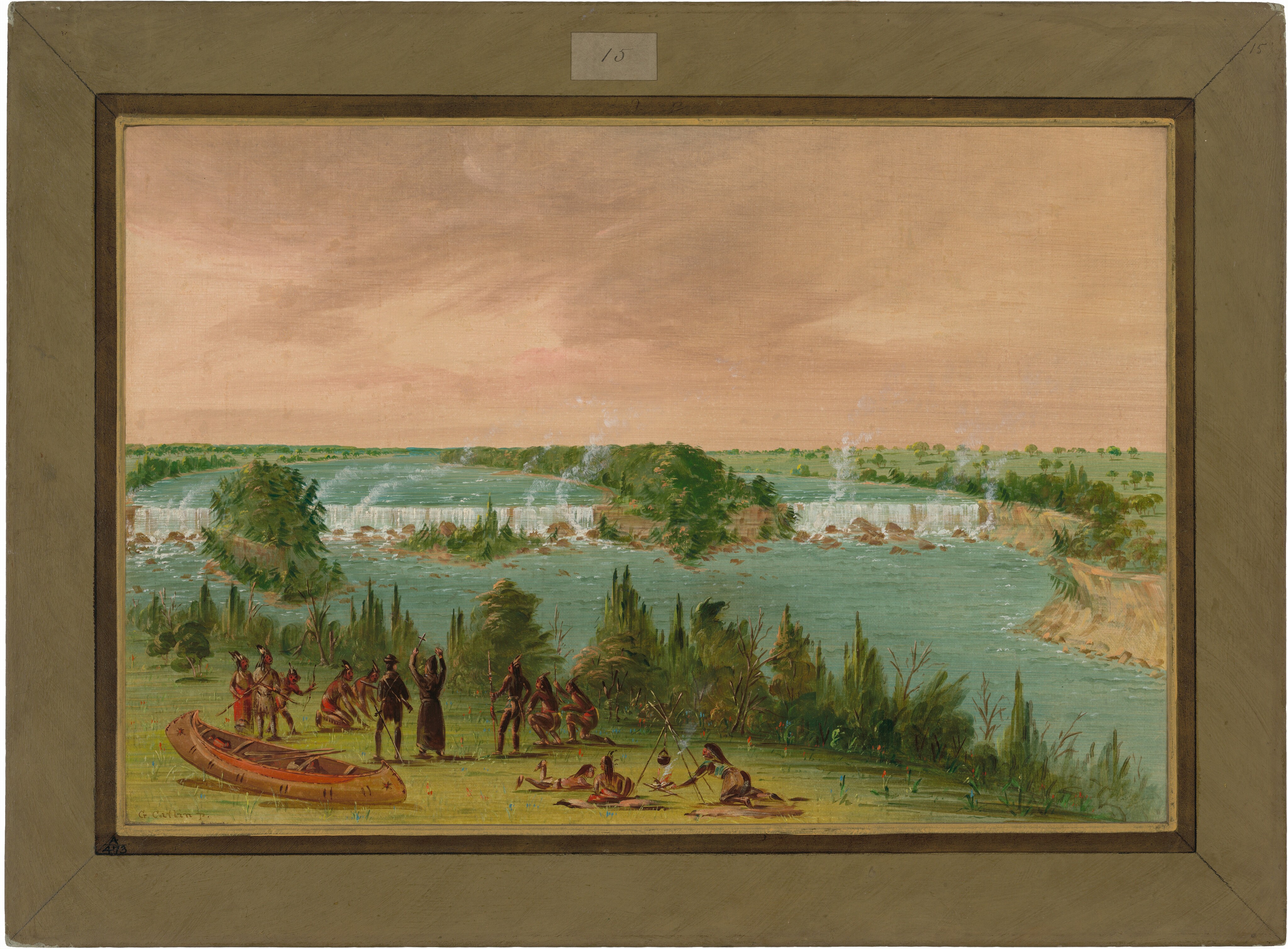 The painting depicts a landscape with waterfalls, a river, trees, and hills in the distance. In the foreground, a group of people are near a canoe on a grassy patch. The painting features distinct brushstrokes showing texture and movement. The color palette consists of warm tones with soft greens and earth tones dominating, and a muted peach sky.