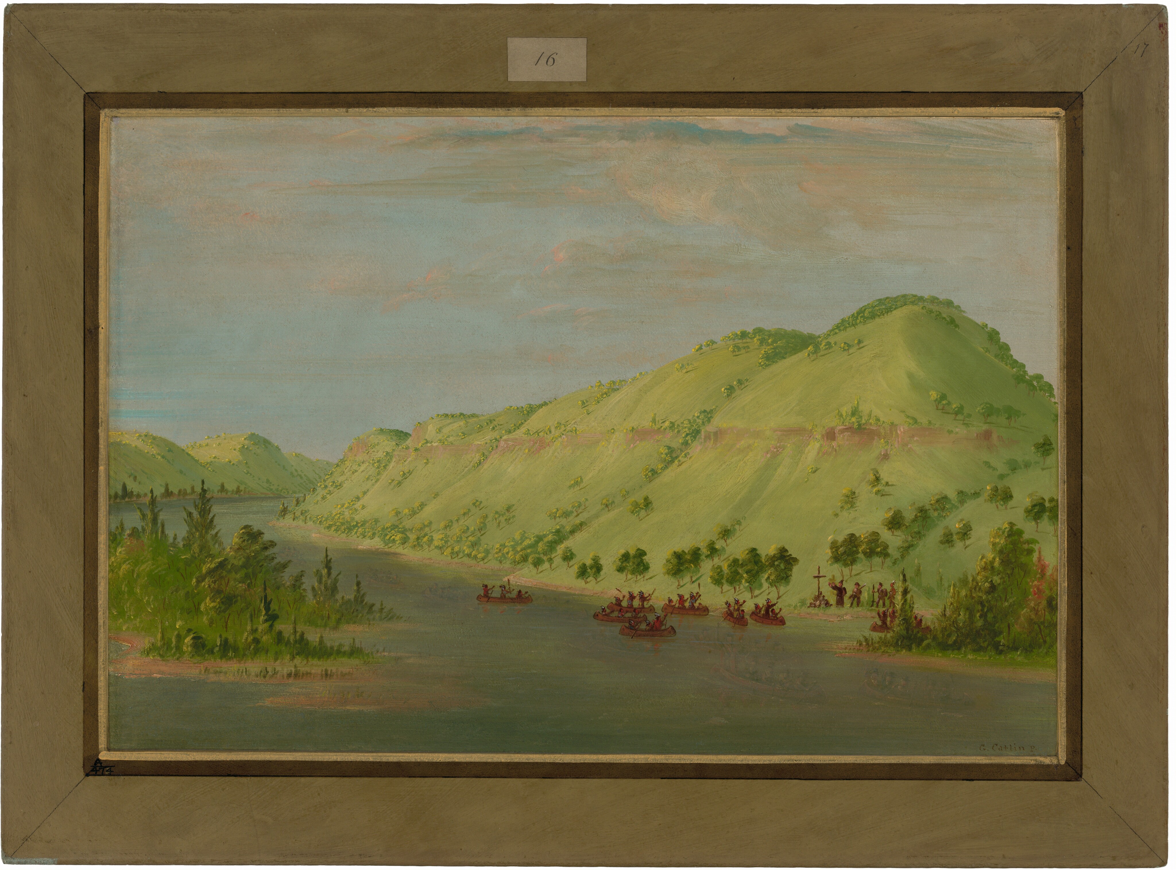 The image shows a landscape with a river flowing from left to right. The sky is blue with pink and gray clouds. On the right, there are green hills with lush vegetation. The brushstrokes are distinct, capturing the landscape in various shades of green and earth tones. In the river, there are small canoes with figures paddling. The color palette is serene, with greens and blues dominating. The hills' vibrant greens contrast with the sky's soft hues.