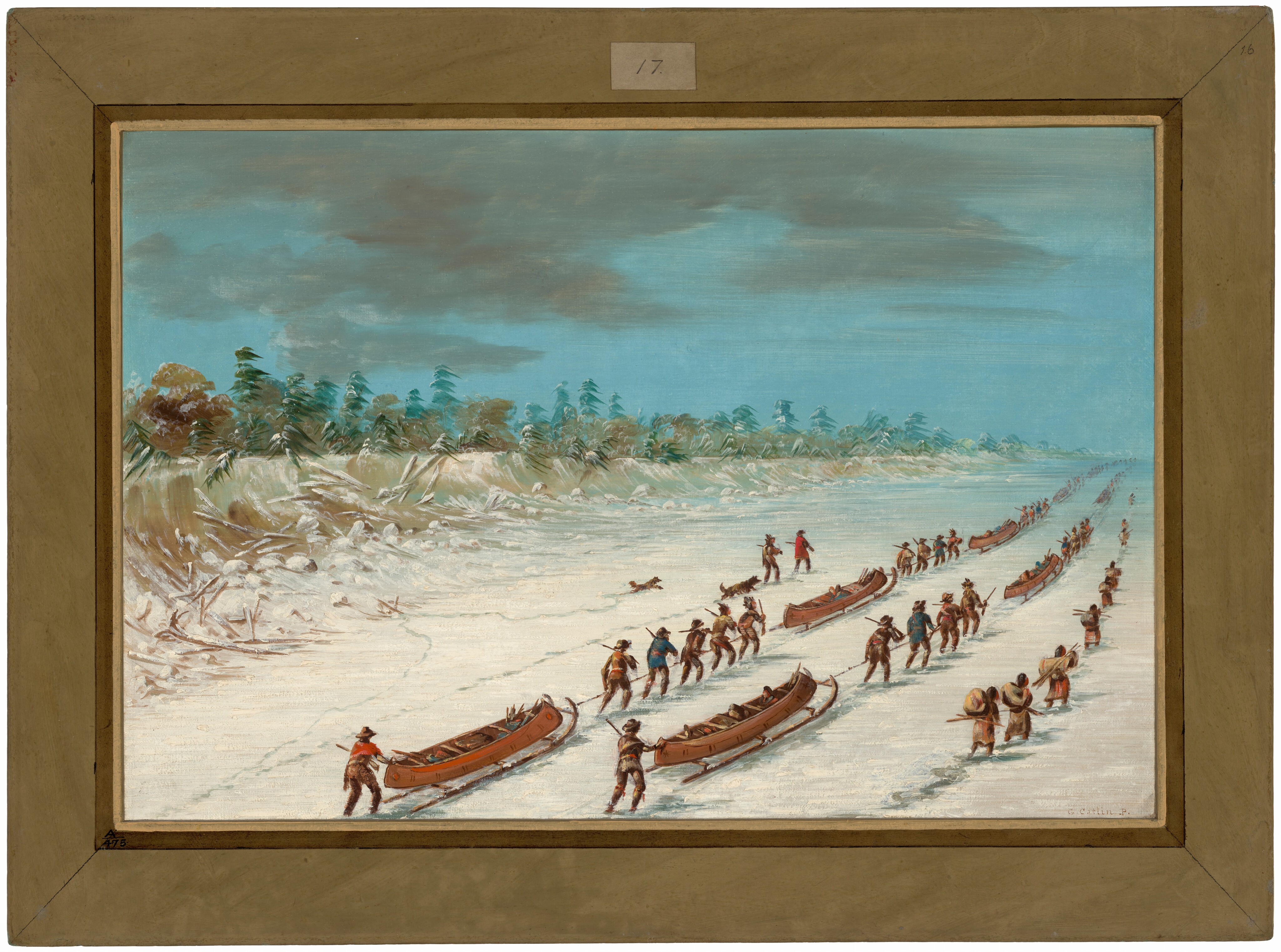 This image depicts a snow-covered landscape with a high horizon line meeting a line of evergreen trees under a sky with blue and grayish clouds. The sky and treetops are textured with lively brushstrokes. The color palette consists of whites, blues, and earthy tones. Figures in winter clothing are seen pulling wooden canoes across the snow, with more individuals engaged in this activity further back, creating a sense of depth and movement in the landscape. The scene conveys a chilly, determined atmosphere in a frozen environment.