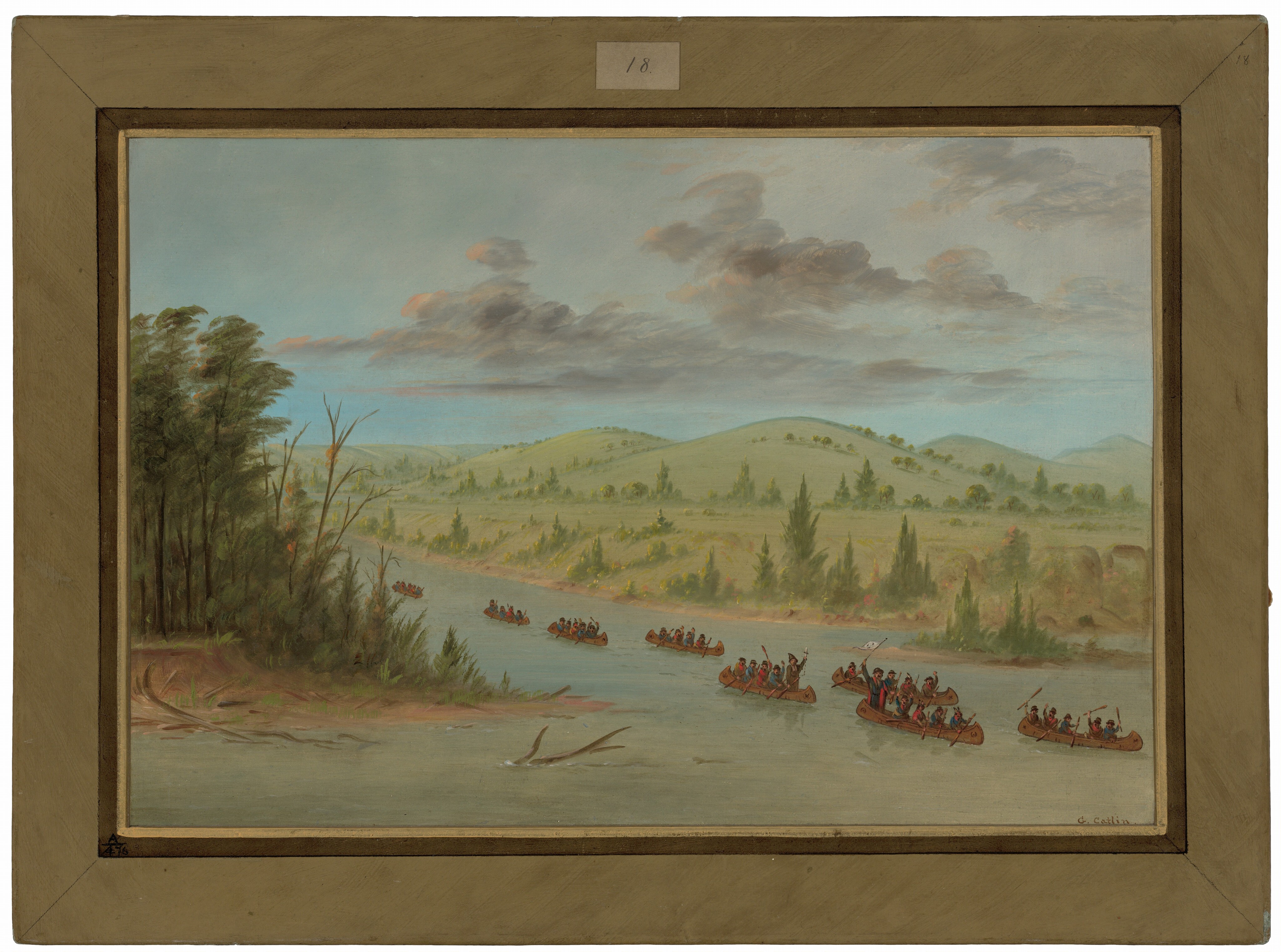 The image depicts a river flowing through a landscape with rolling hills, sparse trees, and shrubs. The sky is slightly overcast with clouds of varying gray tones and patches of blue. Canoes filled with figures are paddling along the river. The color palette is warm with tones of green and brown dominating, contrasting with the blues and grays of the sky. Tall trees with detailed branches are seen on the left side of the image.