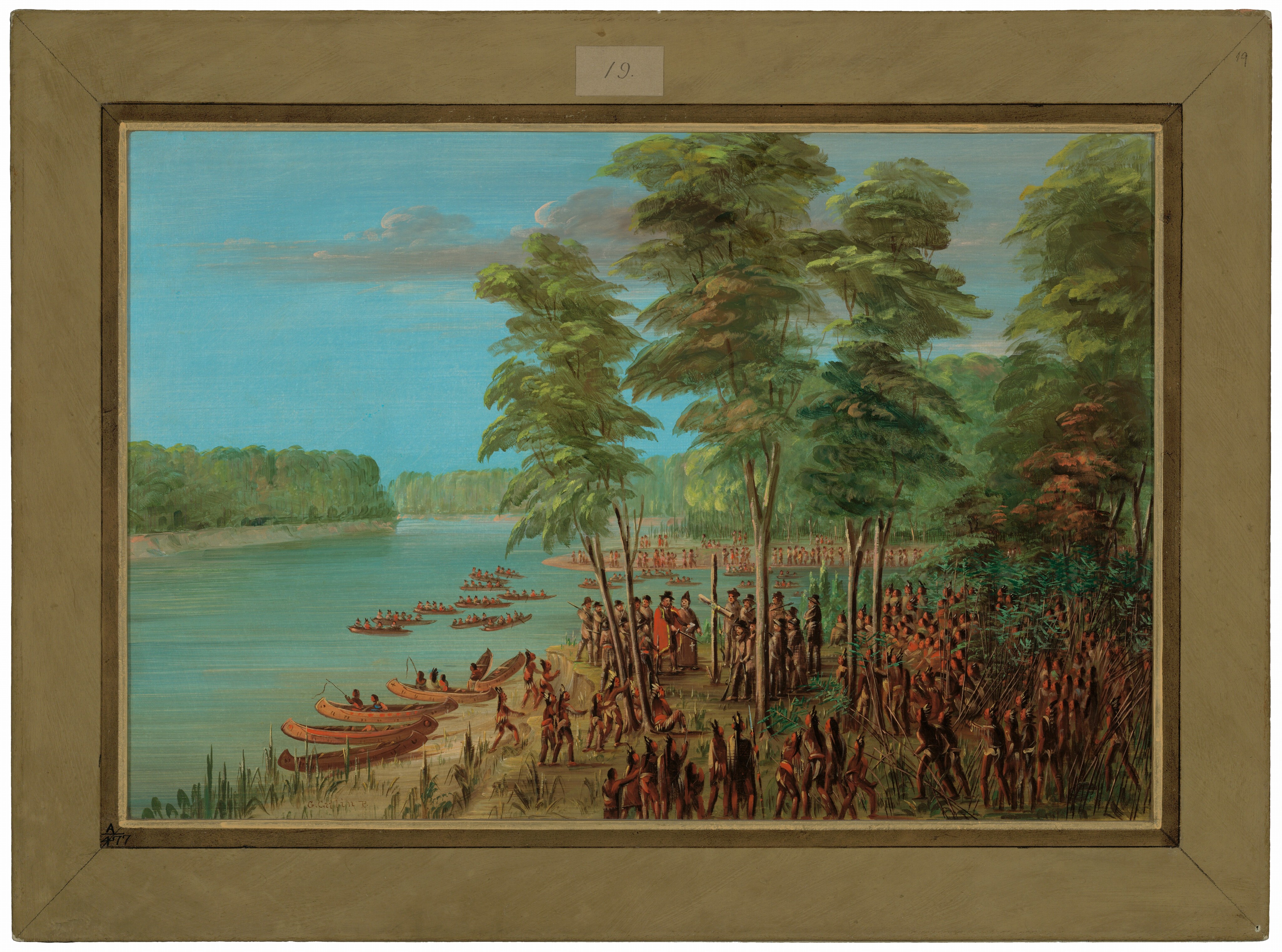 This is a painting of a gathering near a river. The scene depicts a riverside filled with tall trees and grass where several groups of people have gathered. Several canoes are visible on the water and docked along the shore. The landscape includes a wide river, greenery, and a dense forest in the background. The sky is light blue with a few clouds. The people are engaged in various activities along the river’s edge and among the trees. This composition and depiction of nature and social interaction create a harmonious balance.