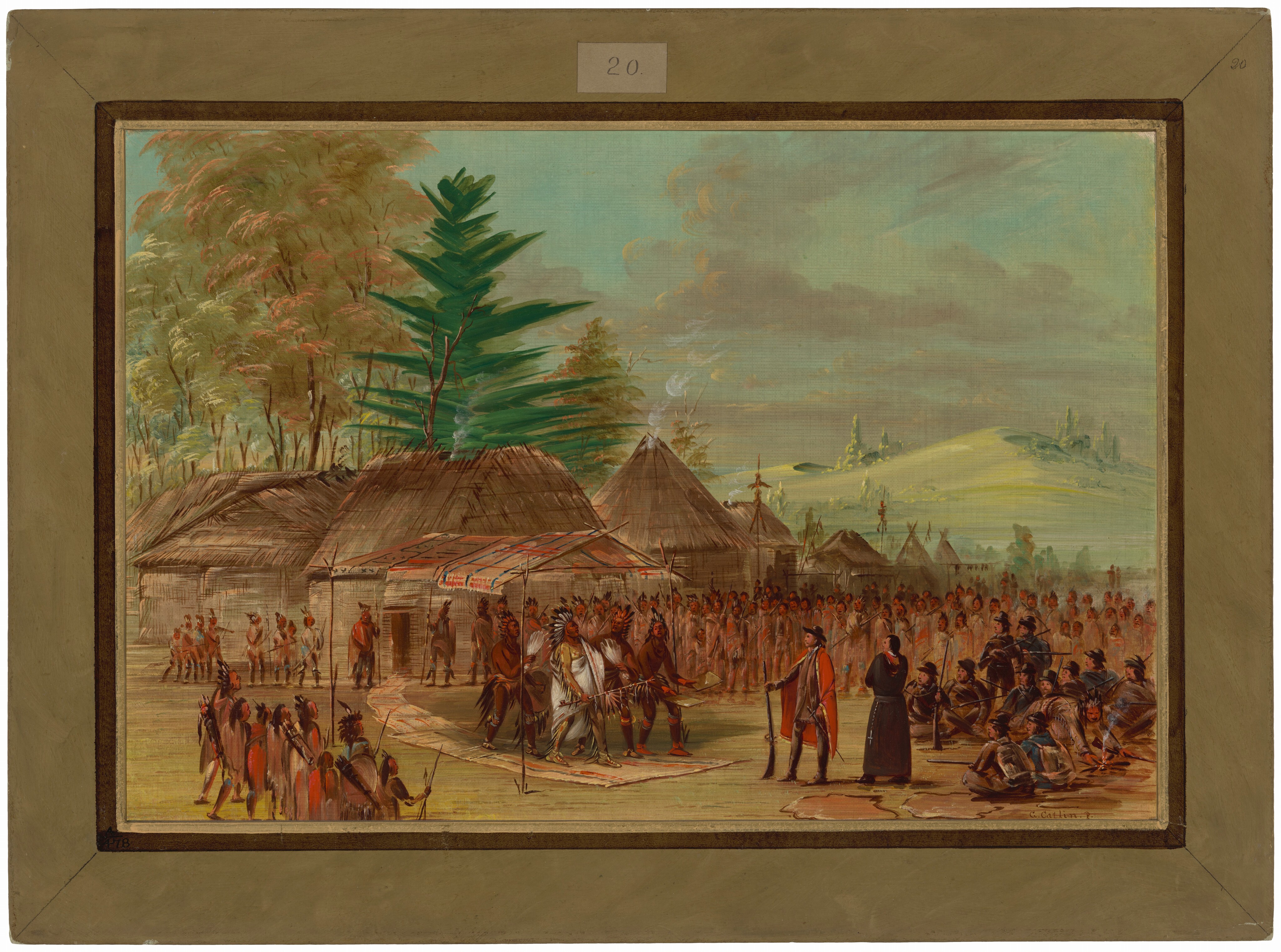 This painting shows an open settlement space with thatched buildings to the left and center. Smoke rises from the thatched roofs. More houses and trees are visible on the horizon, below pale-green hills. Closest to us, people are gathered in groups, some standing and others seated on the ground. To the left of center, a group walks under an awning on a carpet that has been laid out for them. They seem to be approaching another group to the right of center. The color palette includes earthy tones of brown, green, and reddish-brown, with light blue and gray tones in the sky. The painting is surrounded by a pale-green border.