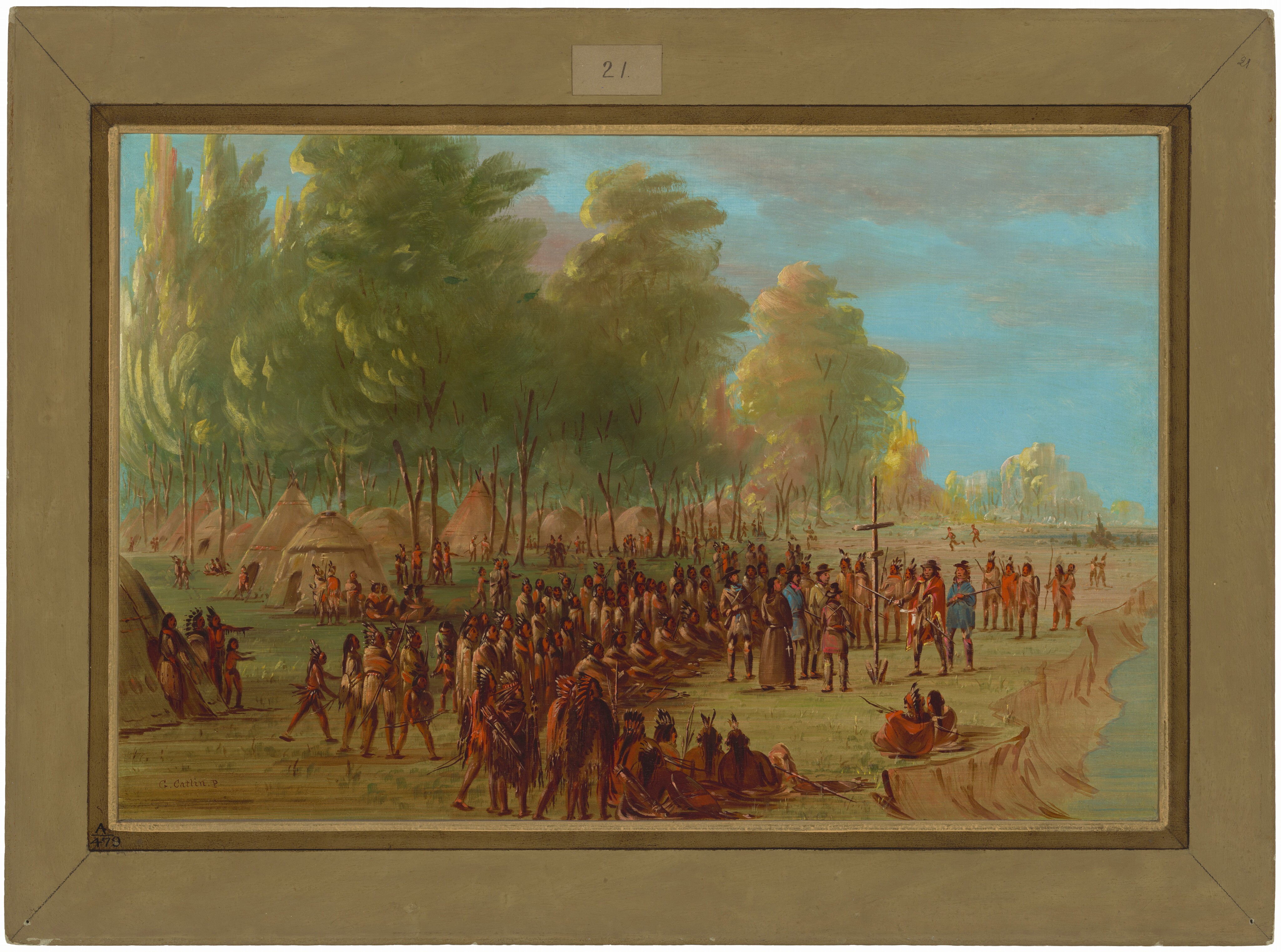 The image depicts a group of people gathered in a clearing next to a riverbank. The horizon features lush trees and a pale blue sky with wispy clouds. In the foreground, Indigenous individuals interact with men in European-style clothing near a tall cross. Nearby, a collection of rounded huts is nestled among tall trees. The brushstrokes are fine with detailed crowd and subtle texture in vegetation. The color palette includes earthy browns, greens, and soft pastels in the sky.