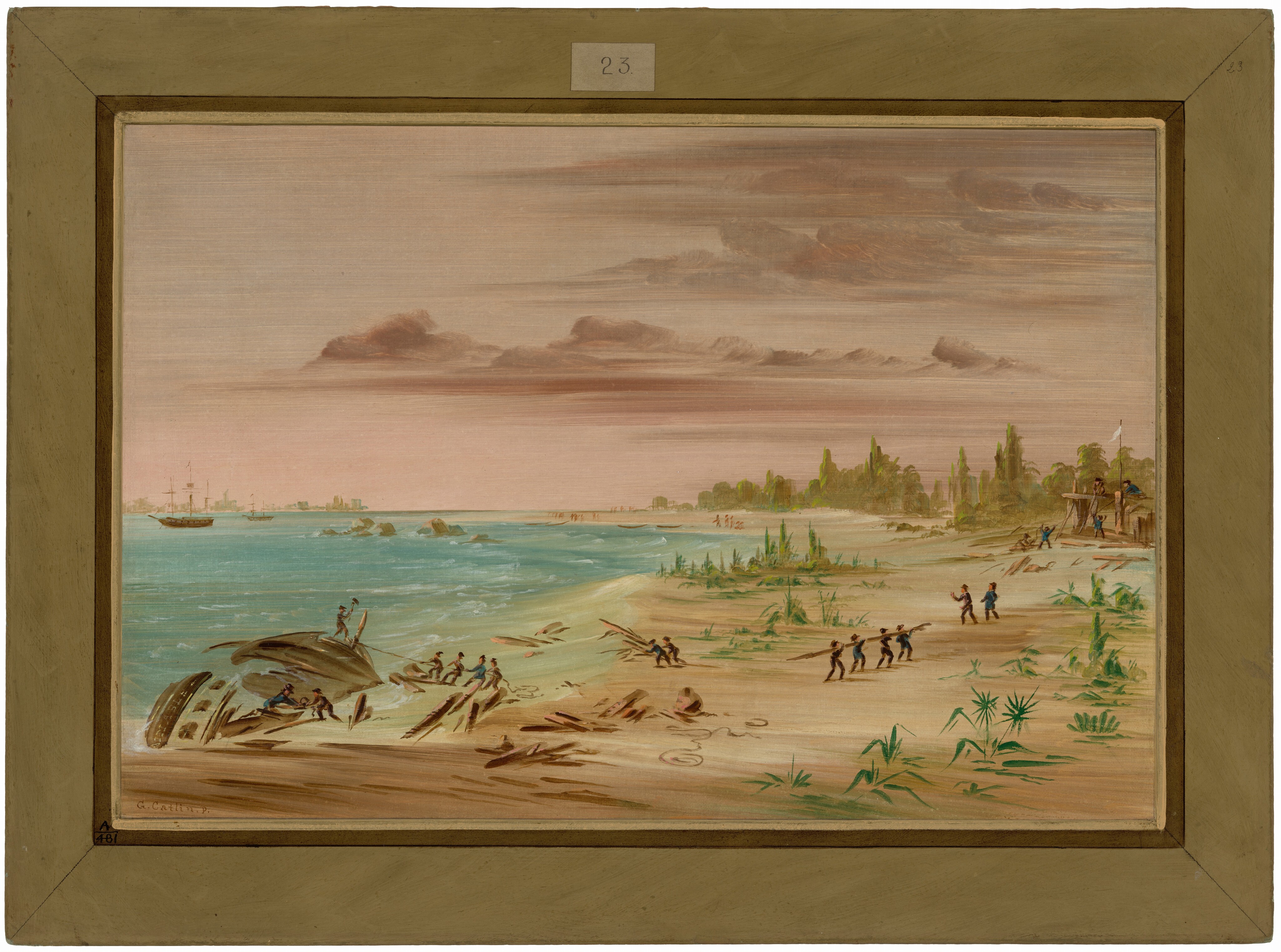 The image shows a coastal scene with a view of the beach and the ocean. The horizon is high in the composition with ships visible in the distance on the left side. The painting has distinctive brushstrokes depicting the water, clouds, and surrounding vegetation. The color palette consists of pastel shades of blue, sand, and touches of green. Figures are seen near a broken ship hull on the shore, with others working along the beach and near a structure with a flag. In the background, the landscape becomes more densely vegetated, and the sky has light clouds with a warm, pinkish hue.