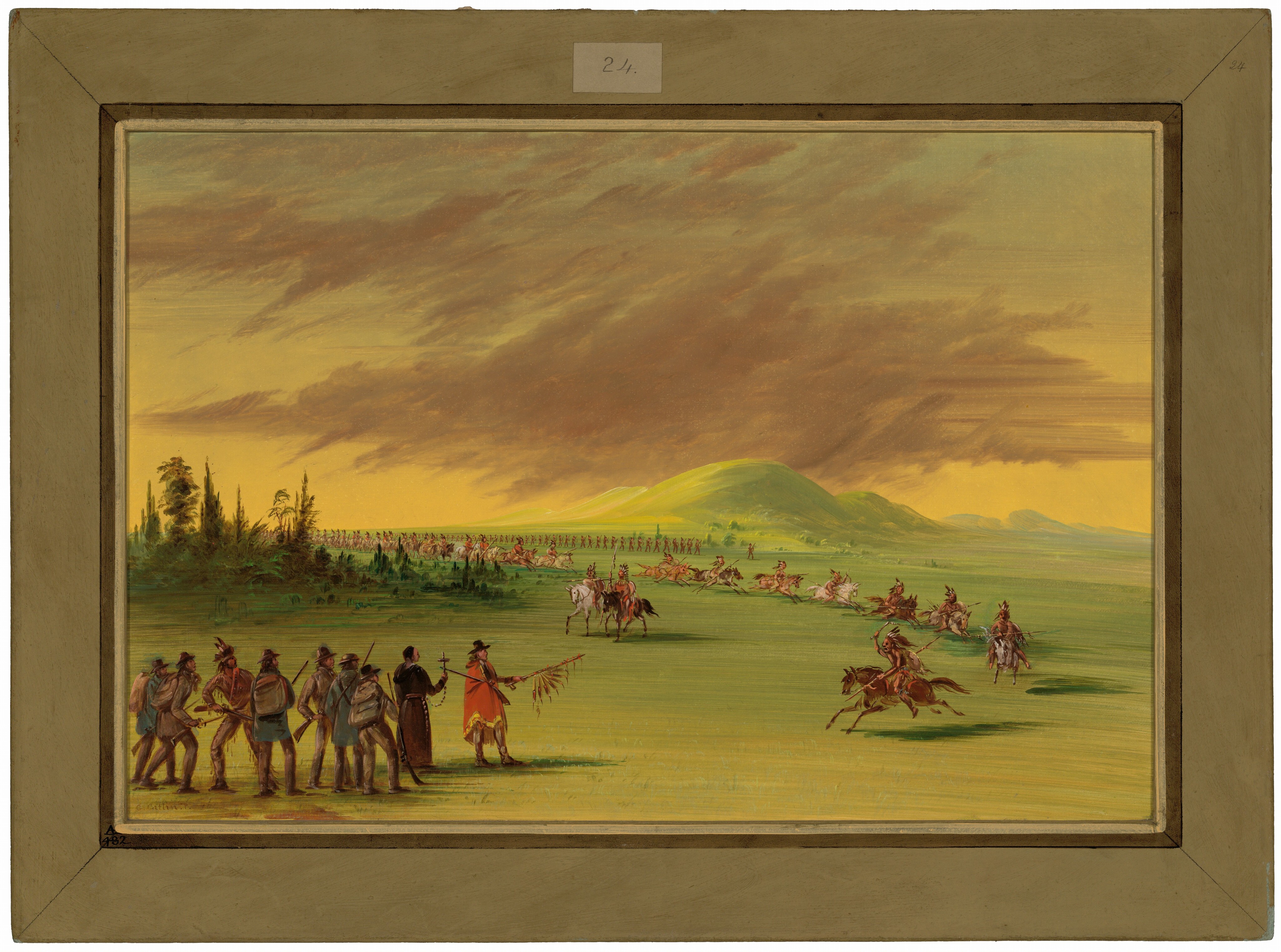 The image shows a landscape with small figures in the distance engaging in various activities. The horizon is low in the image, emphasizing the sky above. A group of soldiers in uniform line up on the horizon against green hills. The brushstrokes are smooth, with fine details highlighting figures and landscape features. The color palette is warm, with yellows and greens dominating, and the sky is painted in shades of brown and hints of orange. In the foreground on the left, a group of figures, some holding what appear to be weapons or sticks, are gathered, while two individuals stand apart.