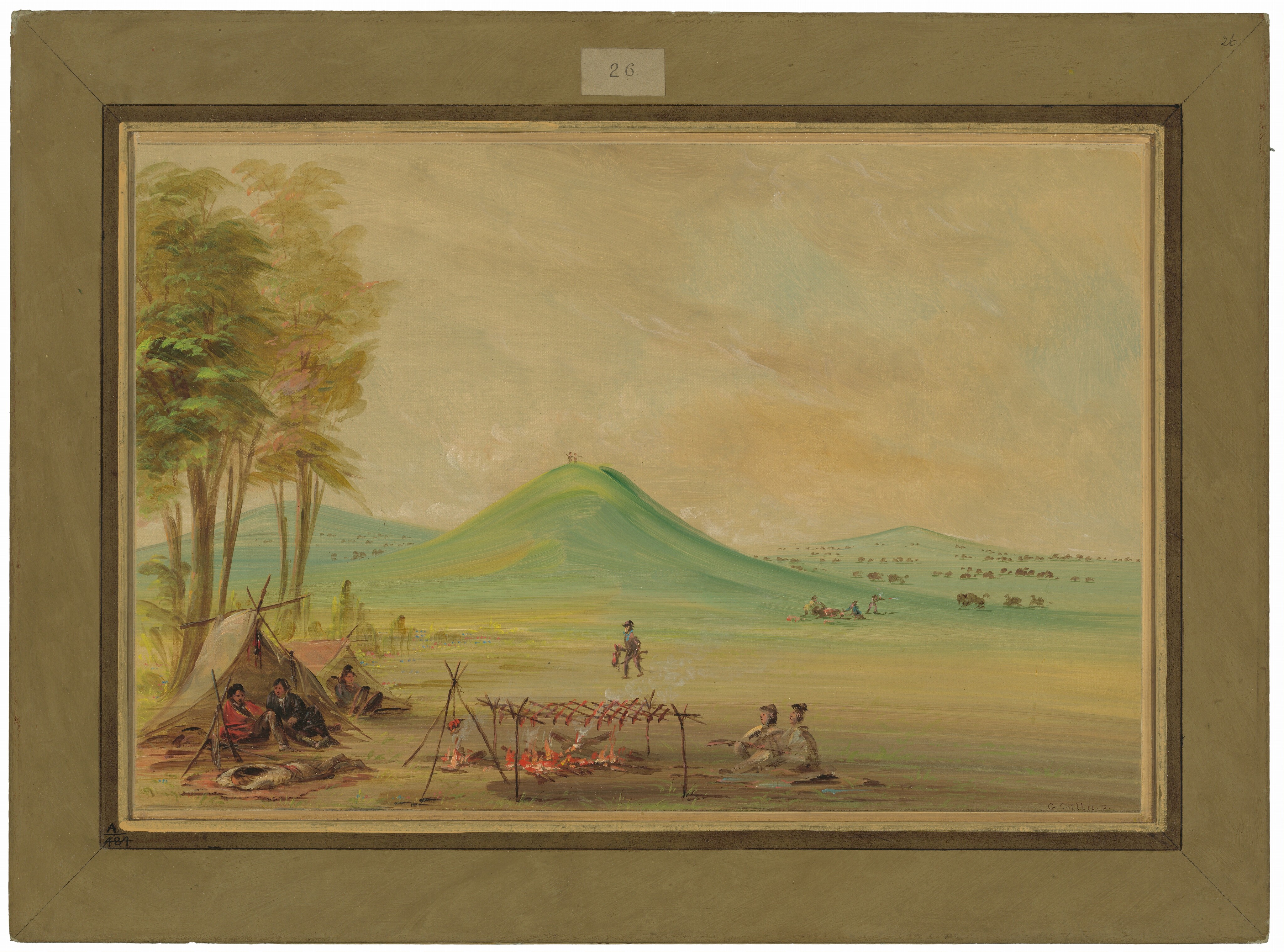 The image shows a landscape with people at a campsite in the foreground. There are tents under trees, a plain leading to a hill in the background, and more hills further away. The colors are earthy with hints of orange and blue, depicting a calm day. The sky transitions from beige to blue.