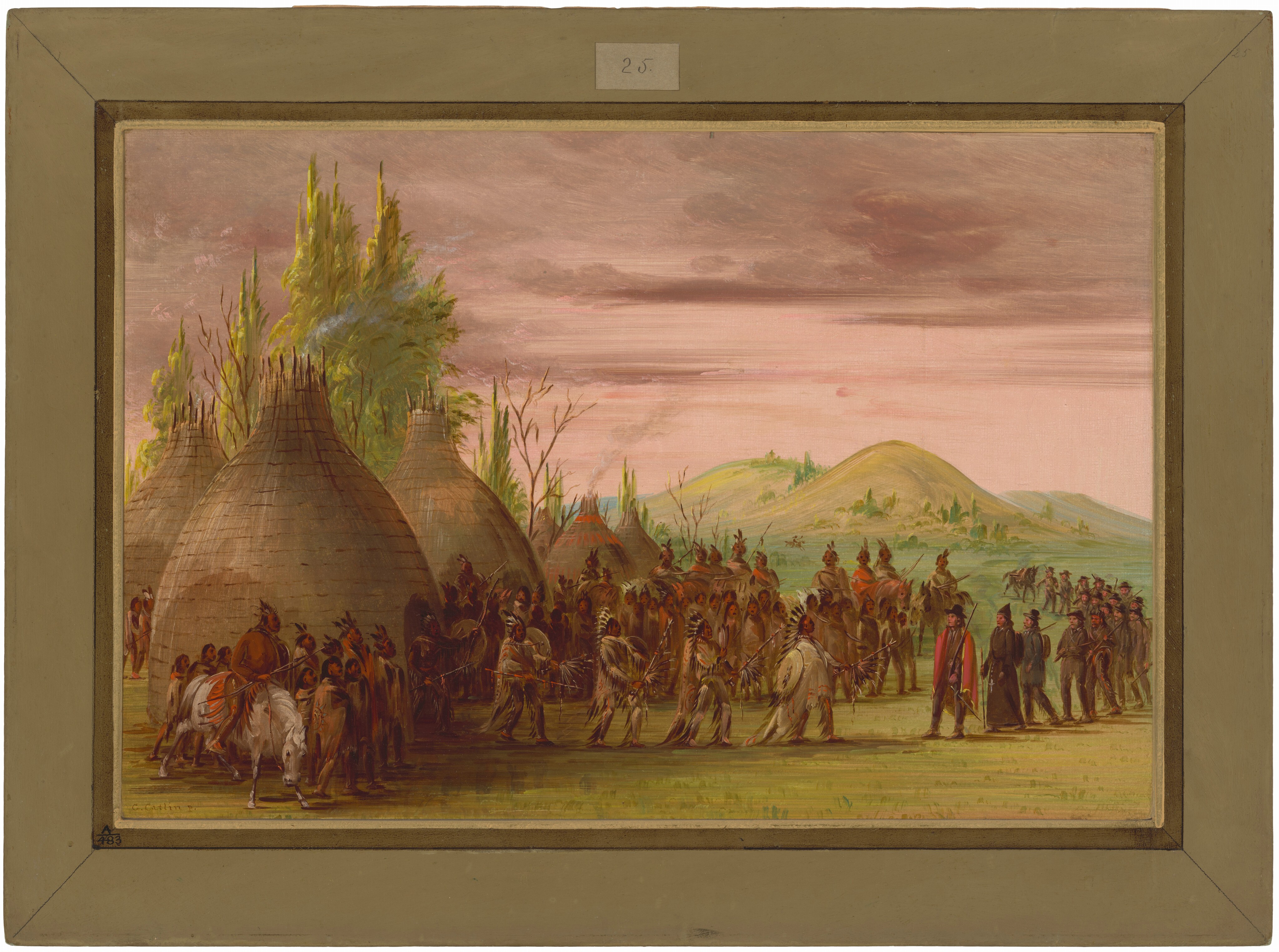The image is shown from an eye-level perspective, displaying a group of people and various structures. The horizon divides the sky from the land, revealing rolling hills and a cloudy sky tinged with a warm pinkish hue. People in traditional and 19th-century Western attire are present, with some on horseback and others engaged in activities. Buildings with conical shapes emit smoke to the left. Fine brushstrokes create detailed foliage and hills. The color scheme consists mainly of earth tones with red and white accents.