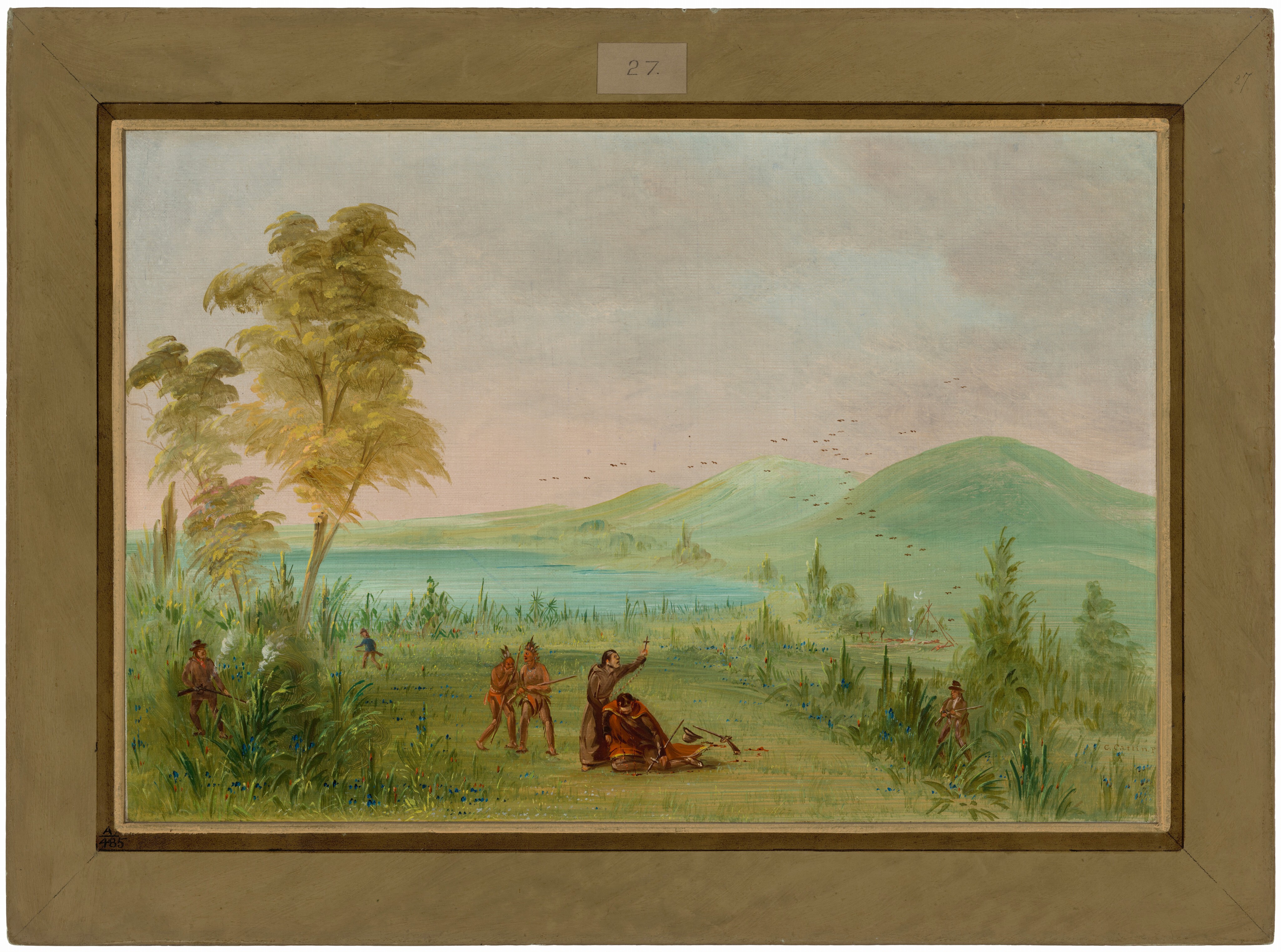 The painting depicts a landscape with a group of figures in the foreground engaging in an activity. Lush greenery surrounds them, and a body of water stretches horizontally across the image. Rolling hills and a sky with birds in flight can be seen in the background. The artwork features soft, fluid brushstrokes and a color palette dominated by calming tones of green, blue, pastel pink, and warm yellow.