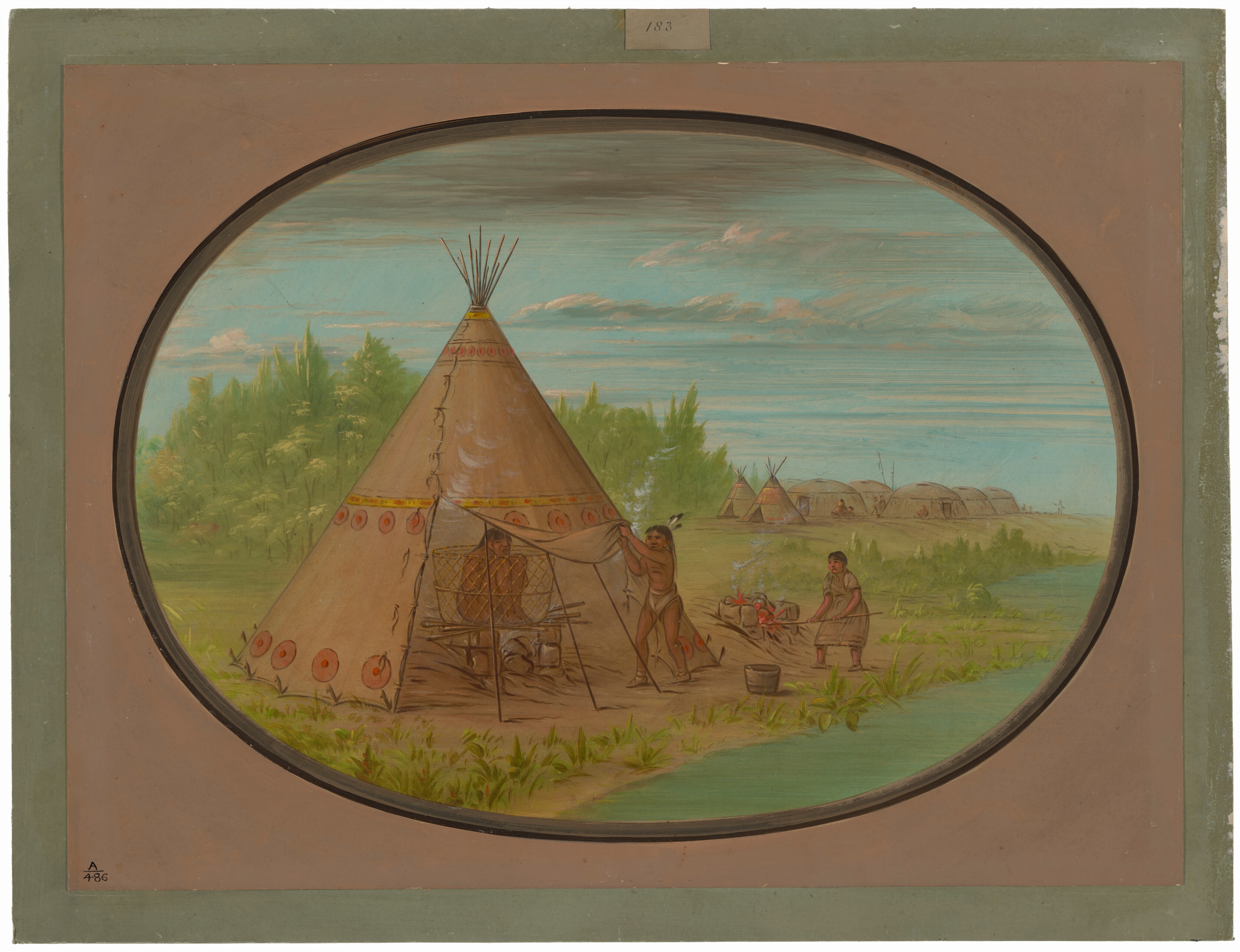 The image shows a landscape with a high horizon, emphasizing the sky painted in soft pastel hues. In the foreground, a large conical tipi with circular patterns near the entrance is visible. Two figures are interacting near the tipi. More tipis and domed structures are arranged in the background. The brushstrokes are smooth, and the color palette is earthy with greens, browns, and ochres. Vegetation such as trees and low brush add texture to the landscape.