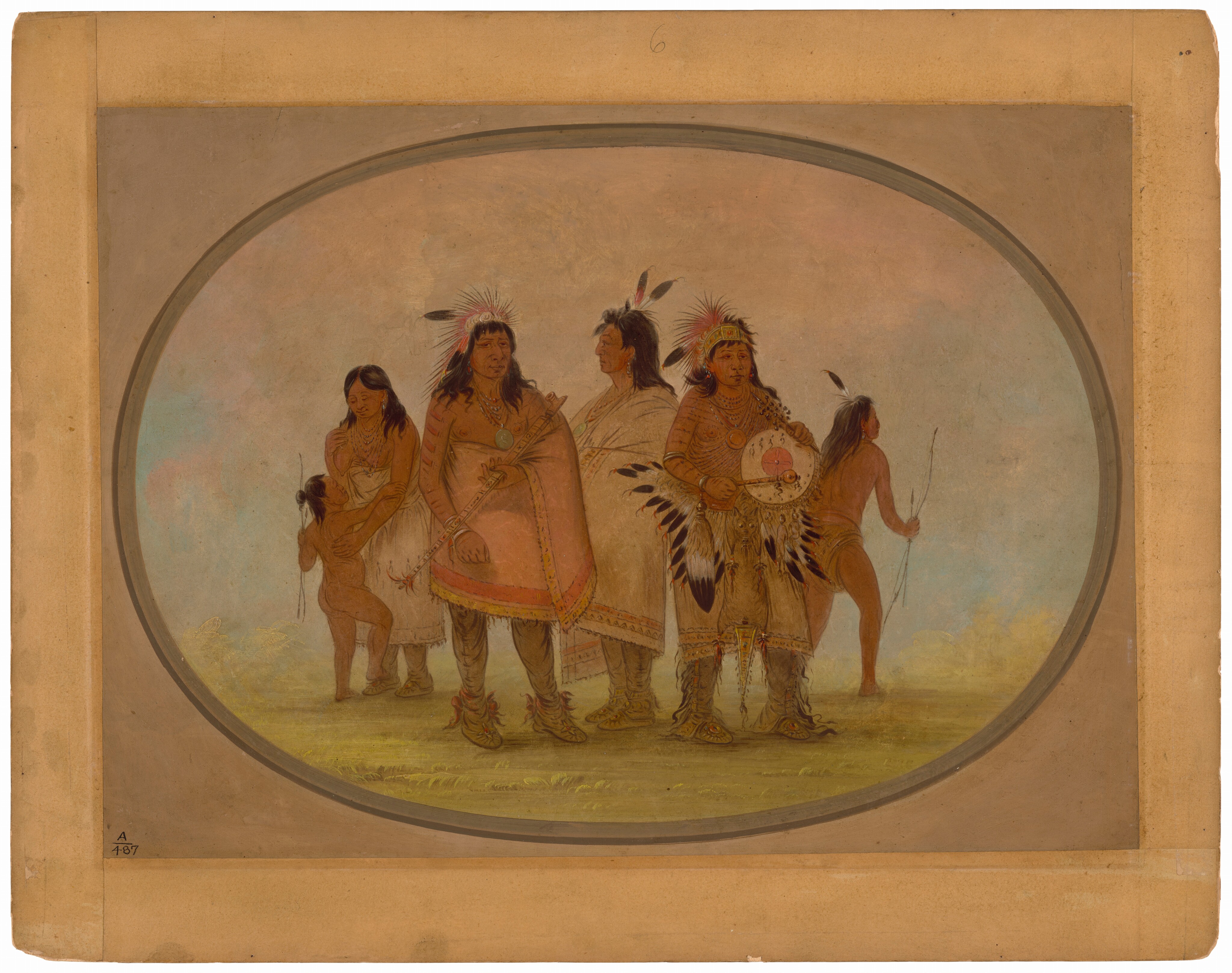 The image depicts five individuals, including four adults and one child. Three of the adults, two men and one woman, are standing upright and facing slightly left, while another man stands to the right holding a bow, facing the group. The woman on the left is holding a child. The individuals have long dark hair. The man on the far right wears a headdress with feathers and decorative attire, including a long shirt with fringe and a circular object adorned with feathers. The man beside him is draped in a thick garment. The woman is wearing a shawl or robe, and the man behind her wears minimal clothing. The background shows a grassy area and a sky with shades of blue and pink, all within an oval frame set against a brown-toned border.