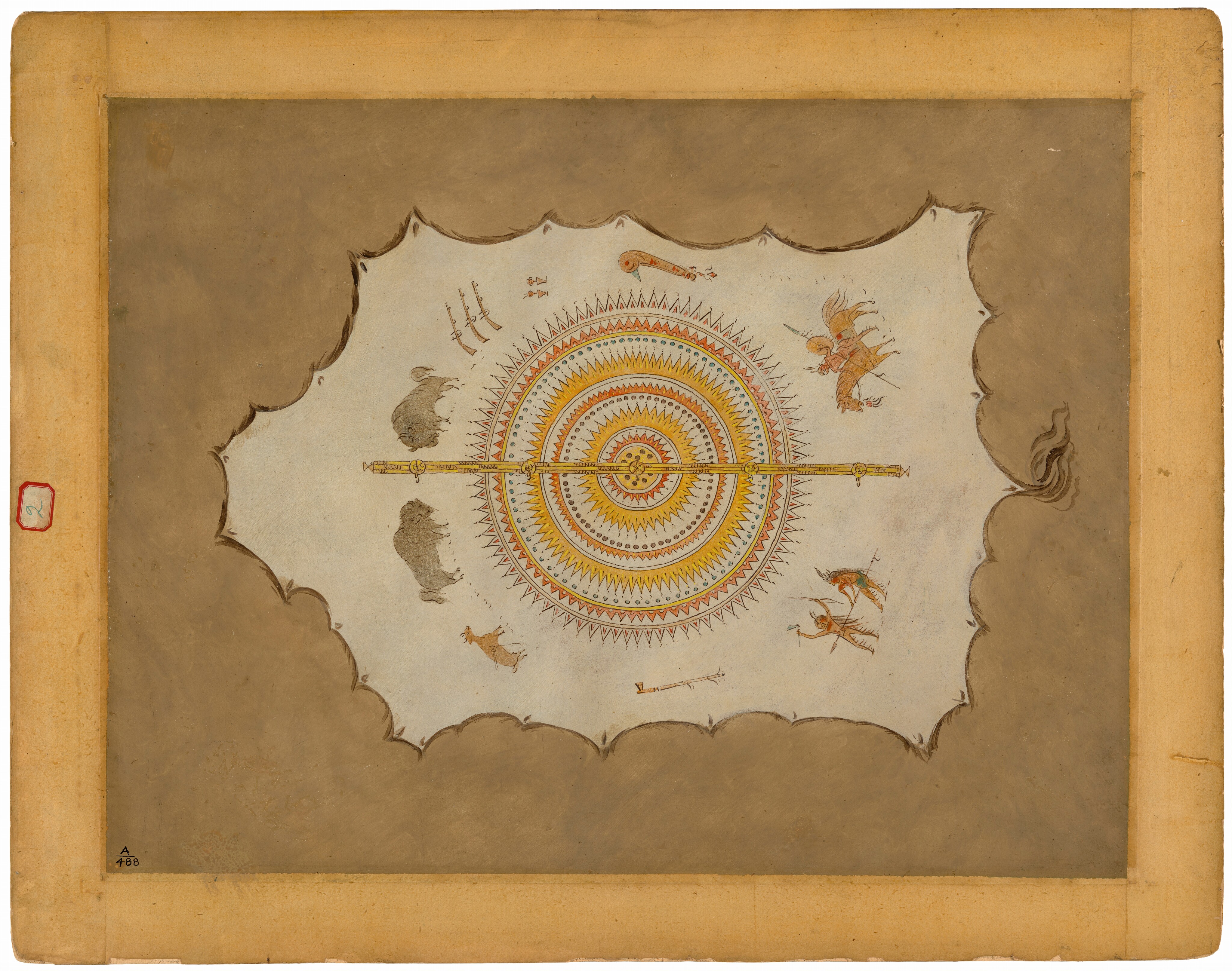 The image shows a series of concentric circles with intricate geometric patterns, spiky triangular accents, and a horizontal line. There are stylized animal and human-like shapes surrounding the central motif, all enclosed in an irregular scalloped-edge frame.