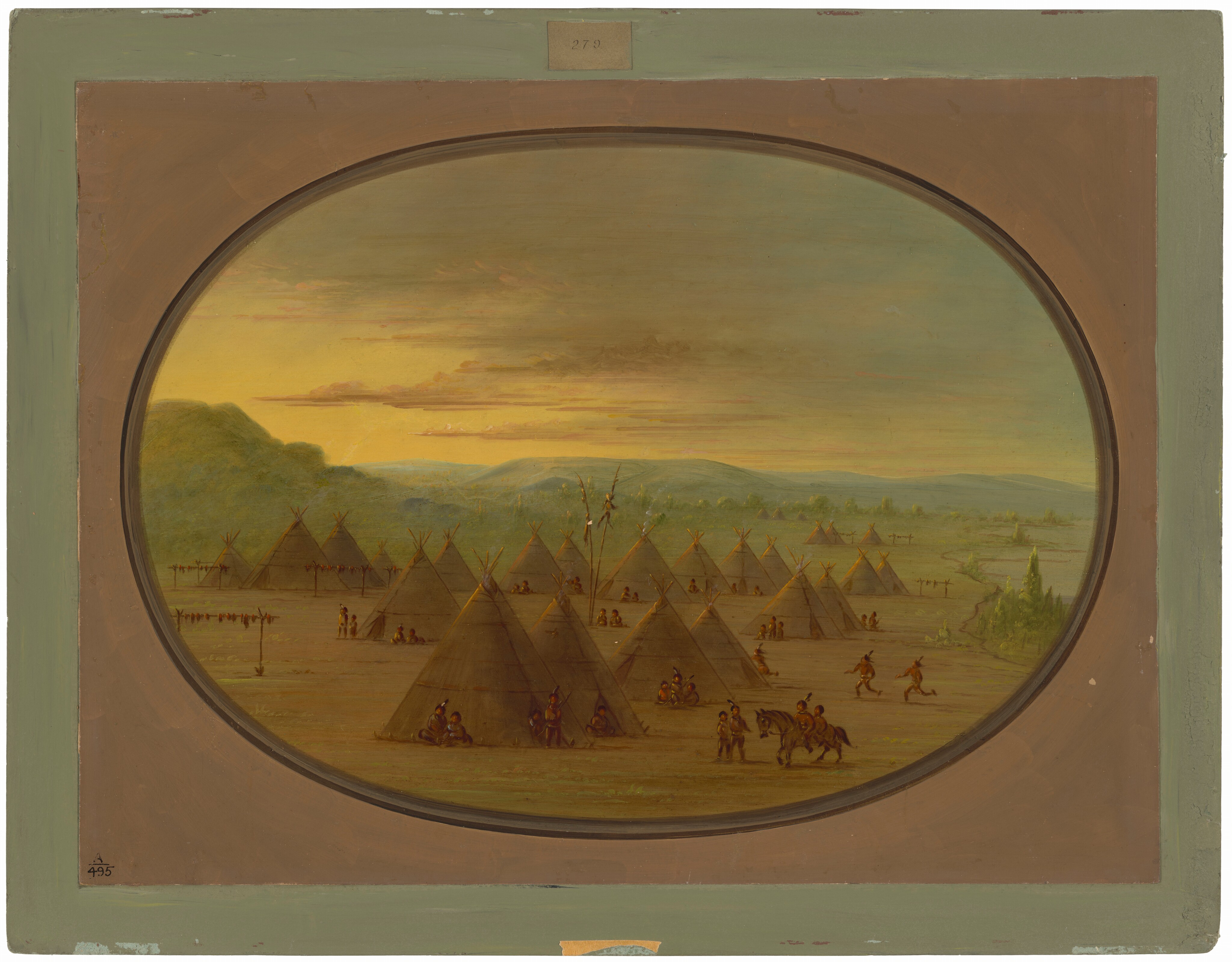 The image shows a camp scene from an elevated viewpoint. There are several tipis scattered across the landscape with figures engaged in various activities. In the background, there are low hills and a softly glowing sky suggesting either sunrise or sunset. The land stretches into the distance with green vegetation and a partly obscured river or body of water on the right. The color palette consists of earthy browns and greens, contrasted by golden hues in the sky.